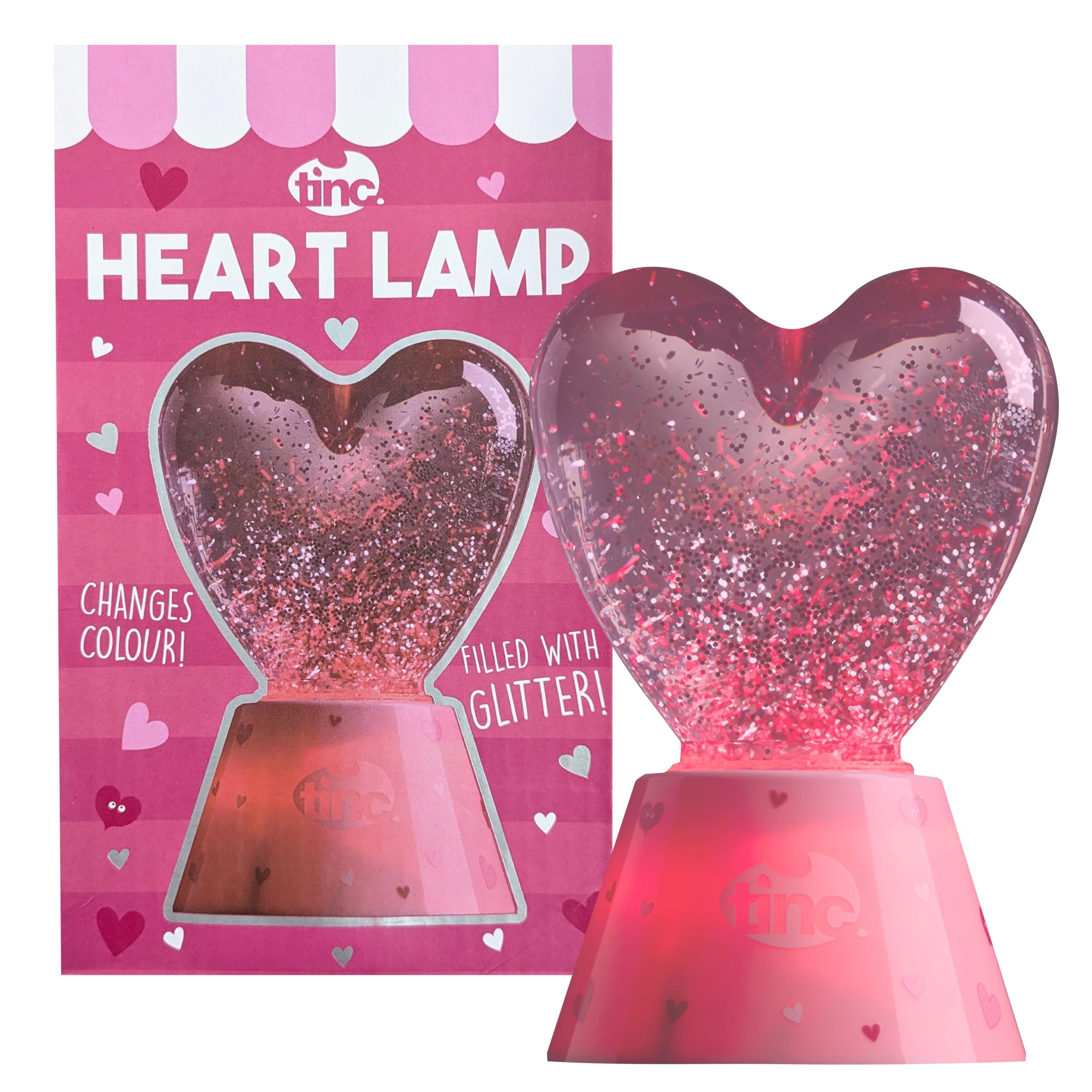 Tinc Heart Glitter Lamp | Colour Changing | Novelty Desk Lamp | Sparkly Glitter Light, Pink Base