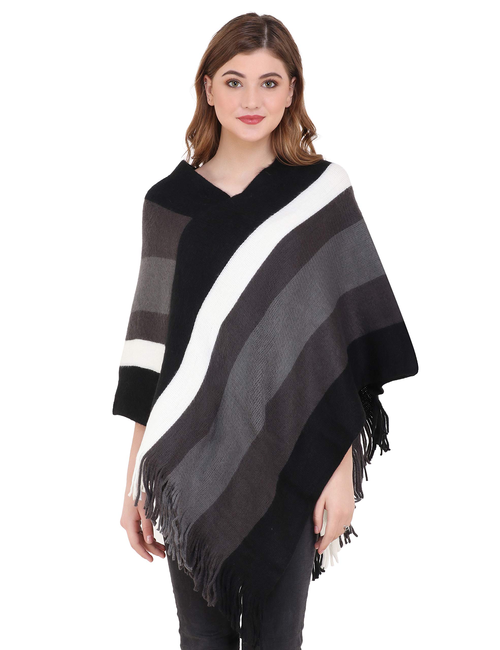 manra Women's Kashmiri Woolen V-Neck Strip Poncho Cape Coat for Winter (Free Size/ Black)-picture-20