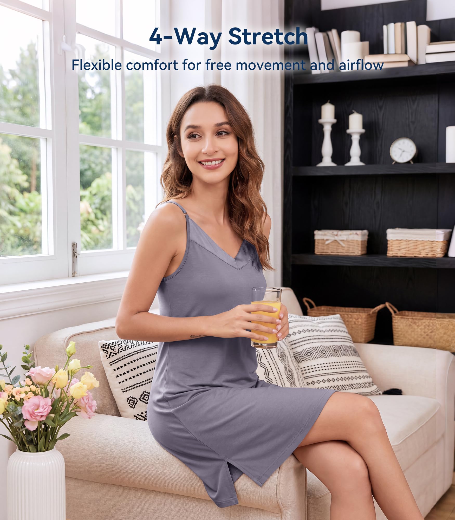 WiWi Bamboo Nightgowns for Women Comfy V Neck Full Slips Nightdress Plus Size Lightweight Spaghetti Strap Camisole S-4X