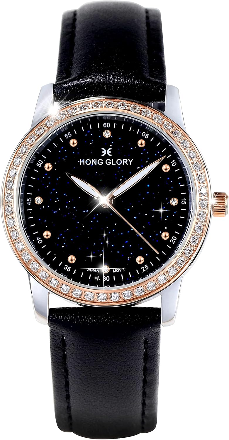 Reloj de pulsera elegante de cuero negro esfera negra luminosa movimiento de Japón impermeable reloj de pulsera amantes Rose gold