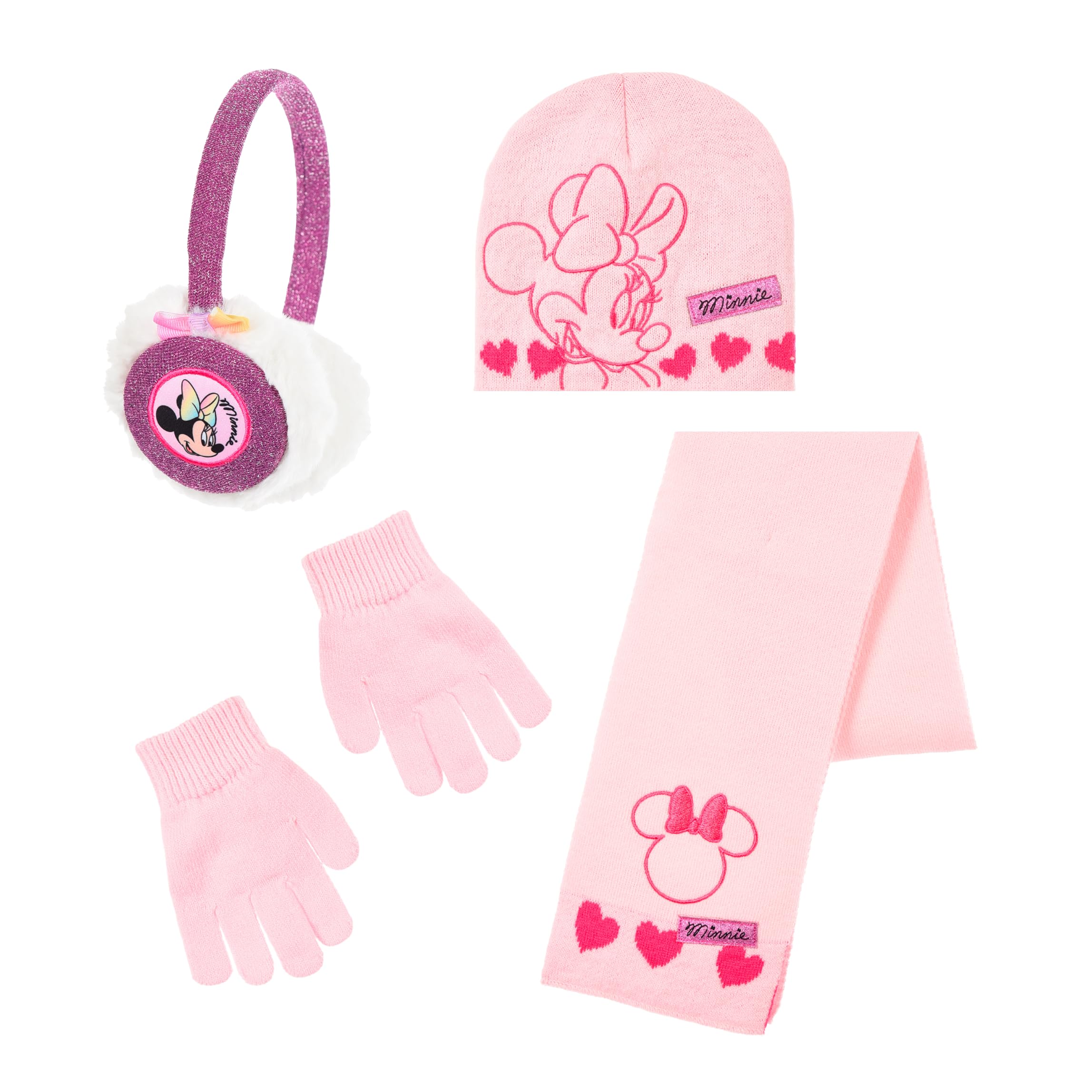 Disney Girls Pink Minnie Mouse Hat, Scarf, Gloves And Earmuffs For Winter Hat For Sparkly Design, Gift For 6 1/2