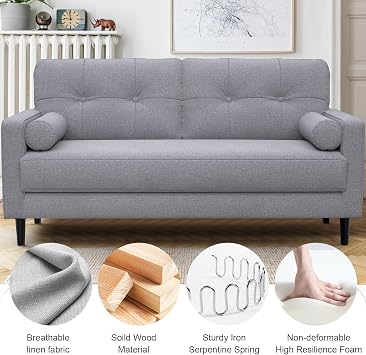 2 Seater Sofa, Thick Cushions,2 Pillows & Pockets (Ash grey)