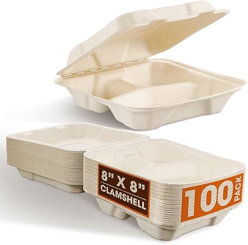 Cheer Collection Contenedores compostables para llevar de 8 x 8 (paquete de 100) Contenedores ecológicos para microondas Contenedores de alimentos