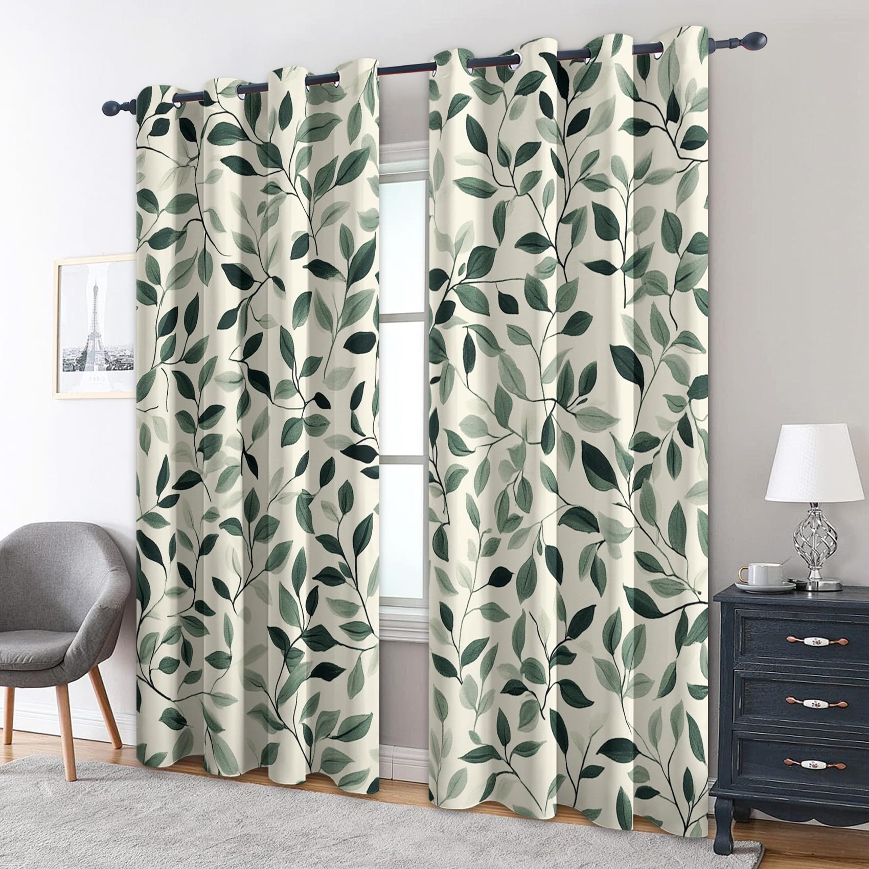 Leaf Curtains Bedroom, 90x90 - Plant Green Blackout Curtains & Decor, Living Room, Eyelet Patterned Window Drapes, 90 Inch Drop 2 Panels （PUI16）