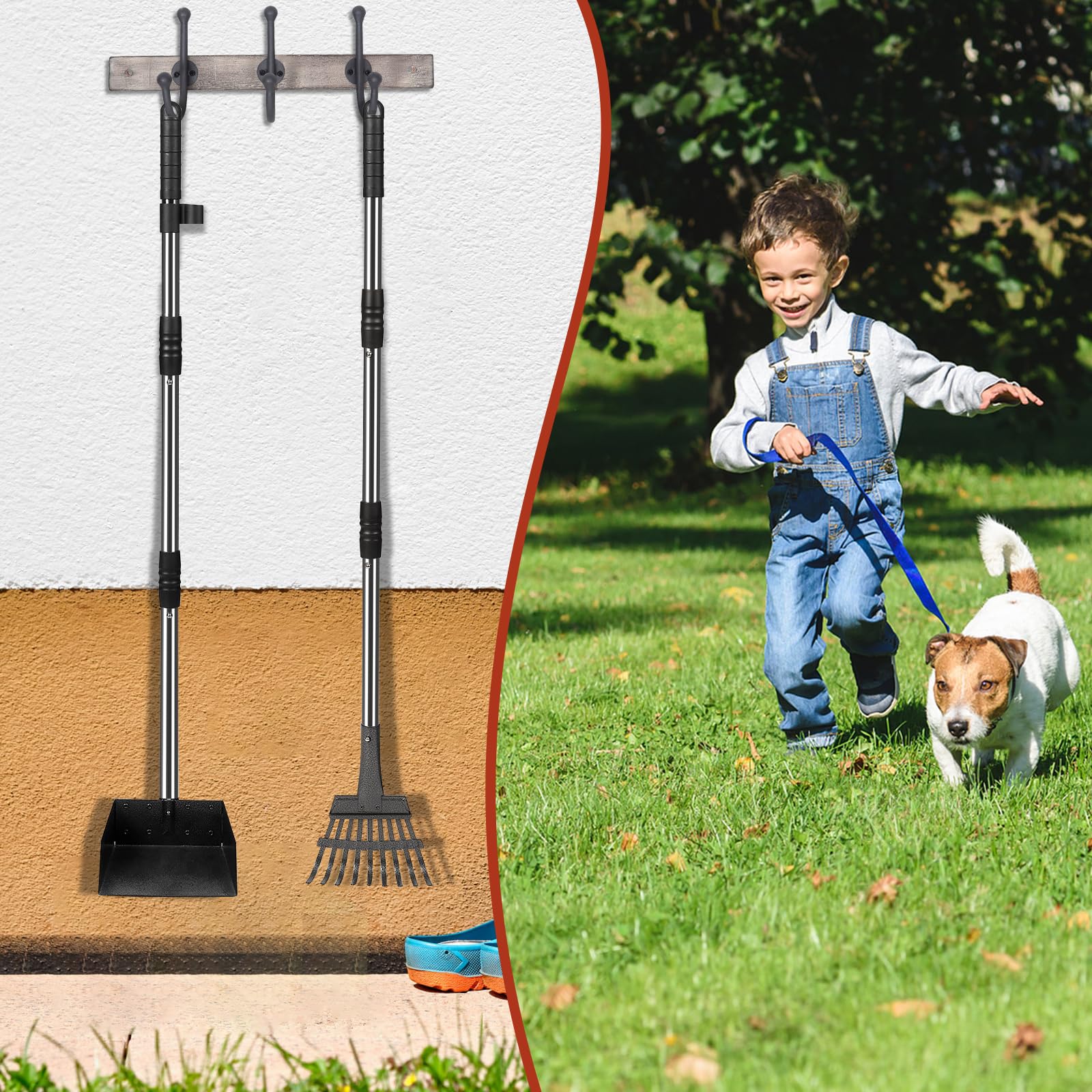 Hundekotschaufel Set mit 96 cm langem Griff – Abnehmbares Metalltablett, Rechen für große, mittelgroße & kleine Hunde – Hundekotentferner für Garten, Rasen, Erde oder Kies