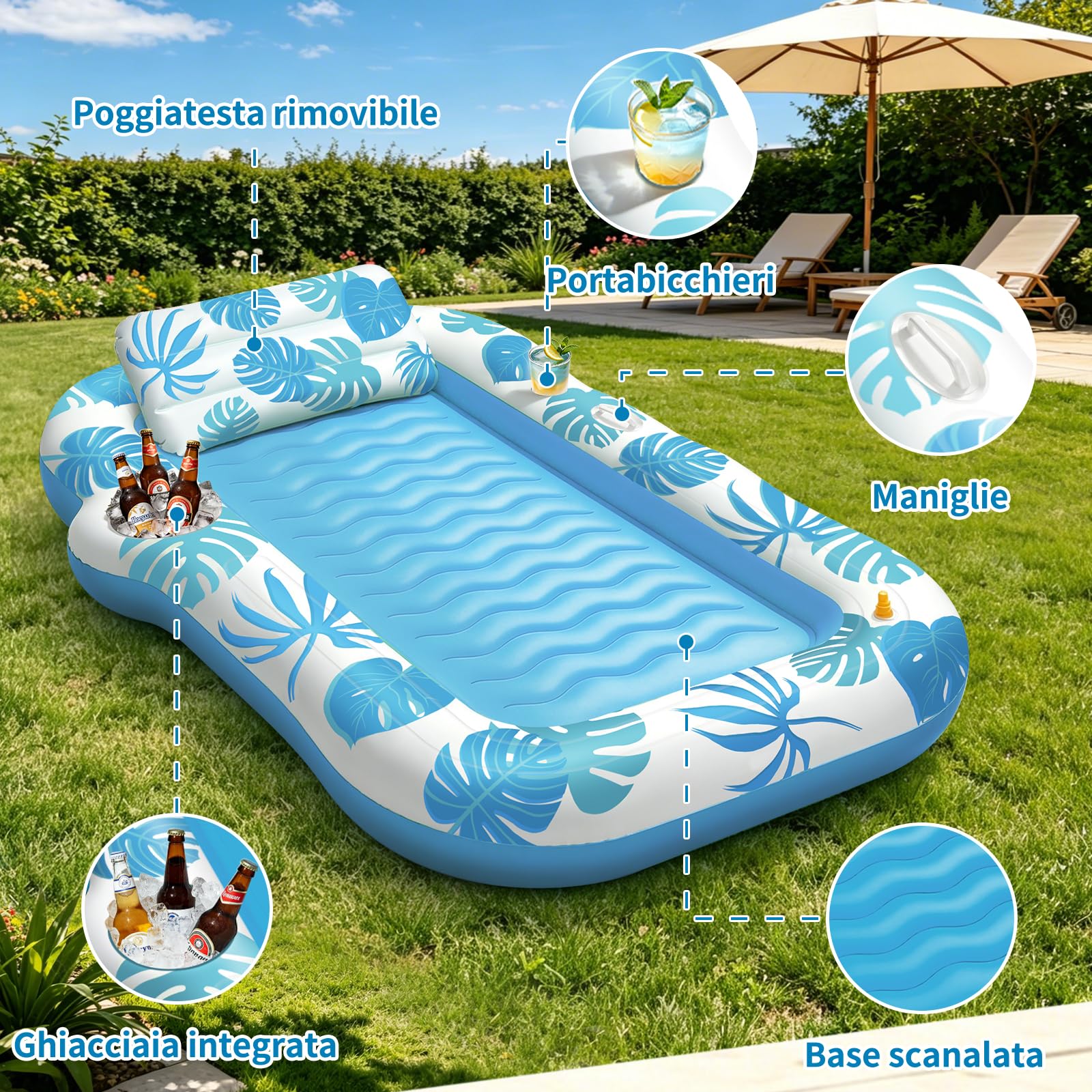 JONRRYIN Materassino Gonfiabile Mare Adulti, Tanning Pool con Funzione Spruzzo e Porta Bicchiere, Materassino Piscina 215×150 cm, Poltrona Gonfiabile Piscina Relax per Mare e Piscina