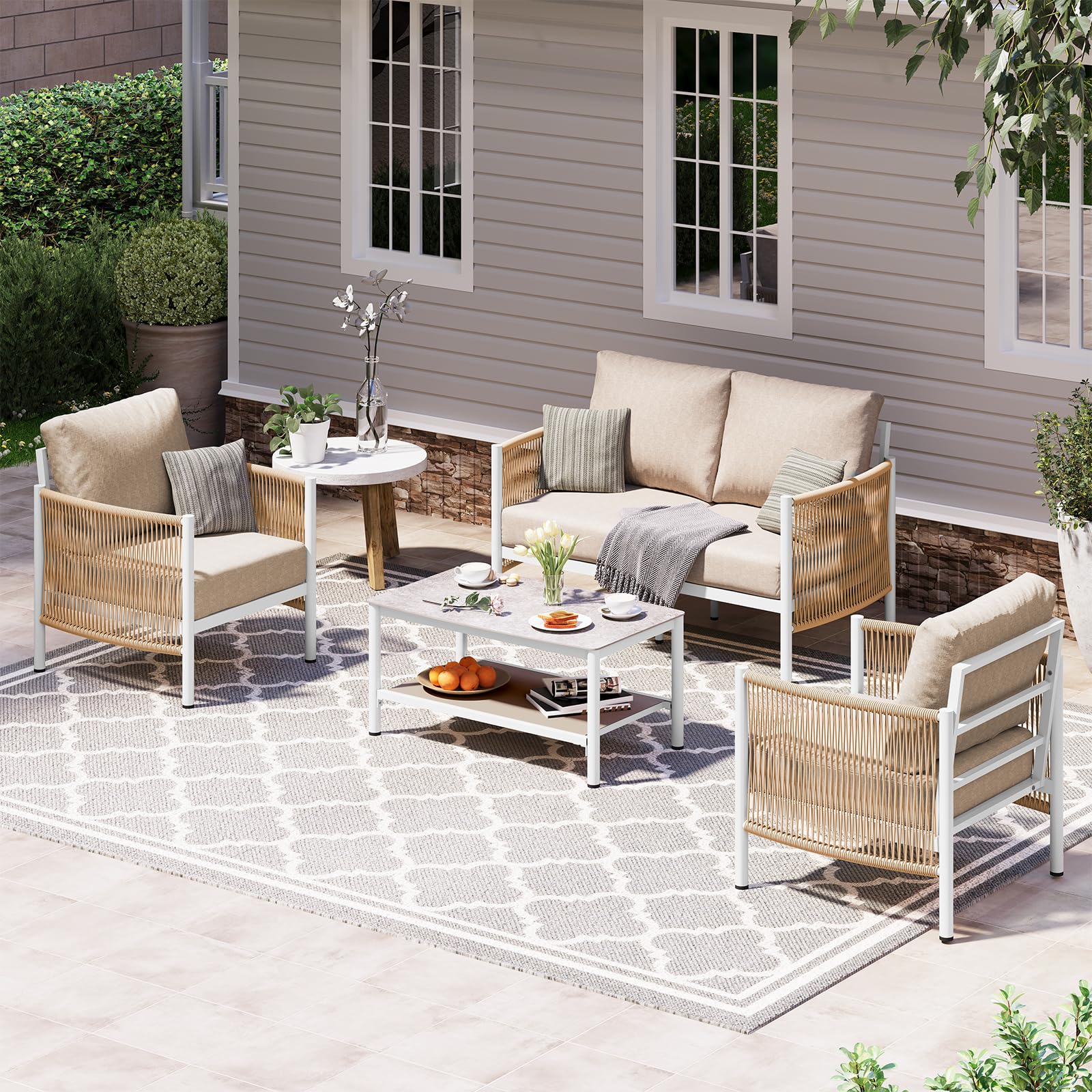 Oasbira Aluminum Outdoor Patio Furniture Set, HDPE Rope 4 Piece Modern Sectional Conversation Sets with Dual-Layer Coffee Table, All Weather Patio Couch Sofa with Thick Cushions, White Frame, Ivory