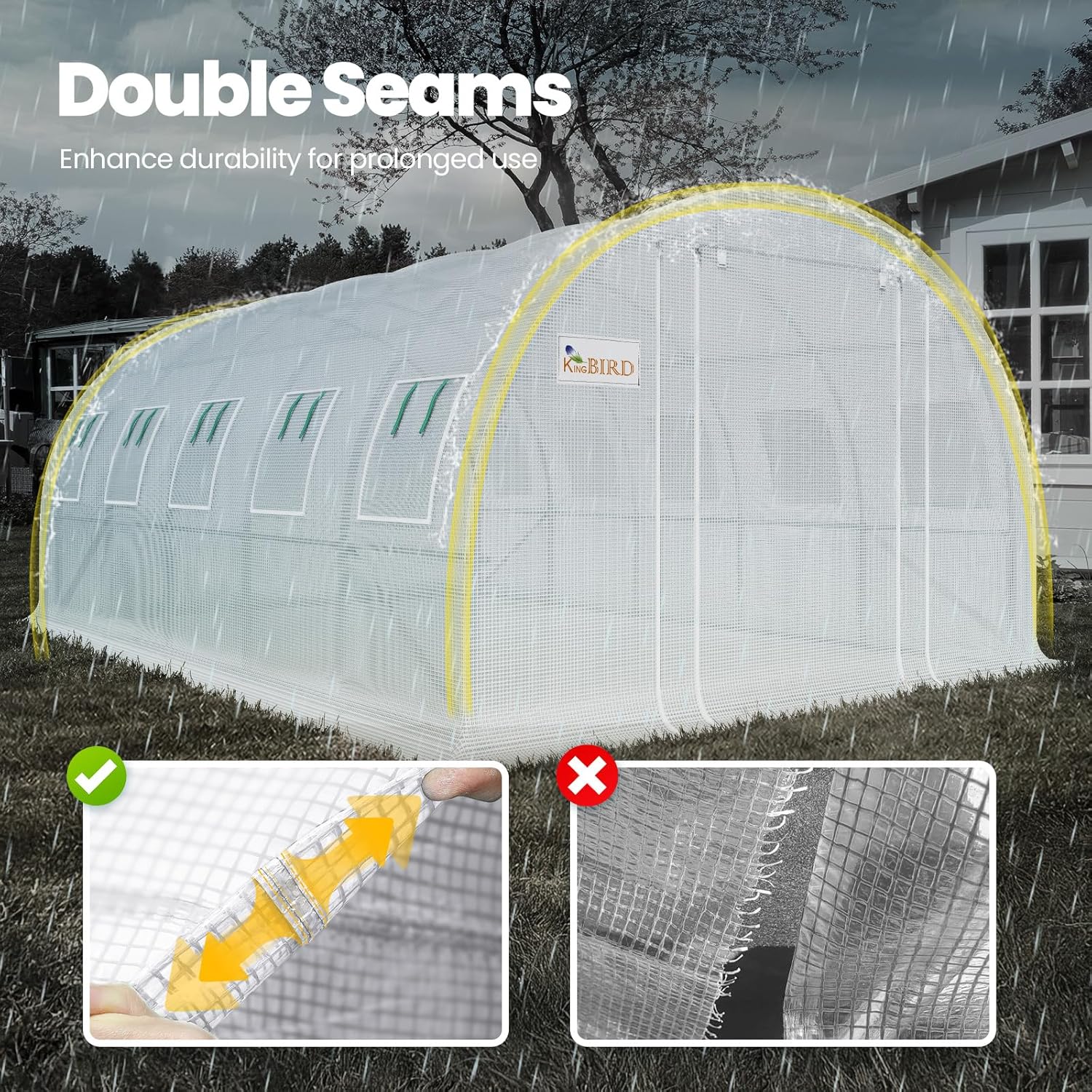 KING BIRD Premium 25x10x6.6FT Greenhouse for Outdoors, Large Walk-in Upgraded Galvanized Metal Frame, Mesh Door Screen Window Improved Zipper Tunnel Hoop for Garden Plant Winter, 2 Stiffeners, White White 25'x10'x6.6'