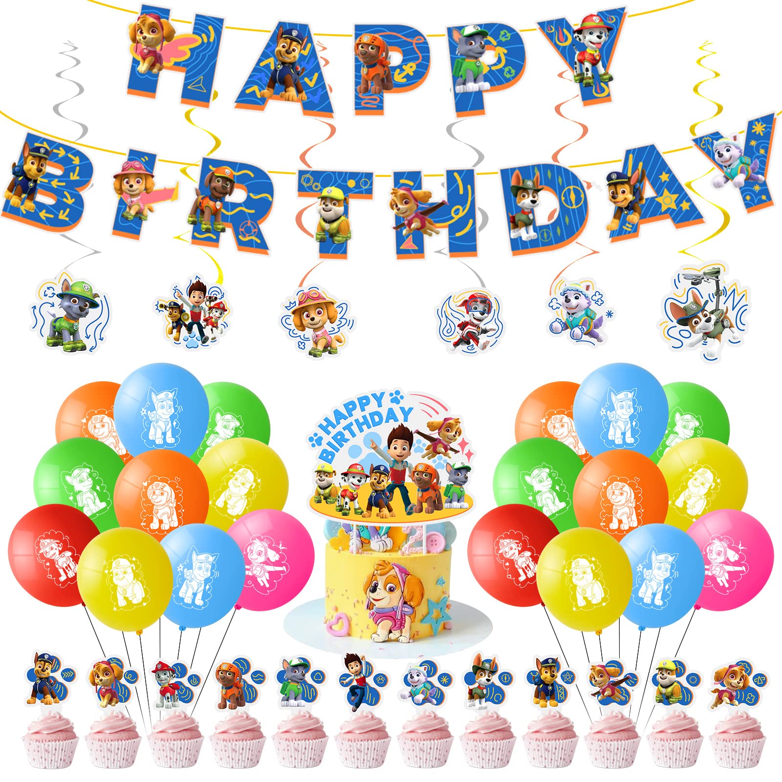 57 PCS Paw Dog Patrol Party Decorations, Skye Marshall Chase Rubble Birthday Balloons for Kids, Happy Birthday Banner, Cartoon Cake Topper Hanging Swirl, Girls Boys Birthday Decoration with Paw Patrol
