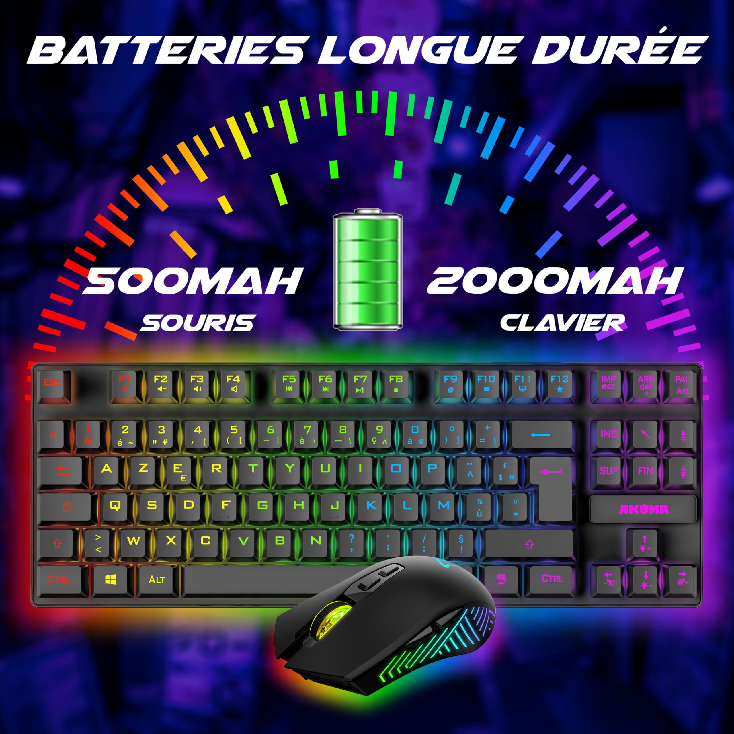 Akuma – Pack Gaming Sentai C03 WL Clavier TKL + Souris sans Fil Rechargeable Rétroéclairé, AZERTY Français, 3200 DPI – Pack pour PC PS4 PS5 – Noir – Plug & Play