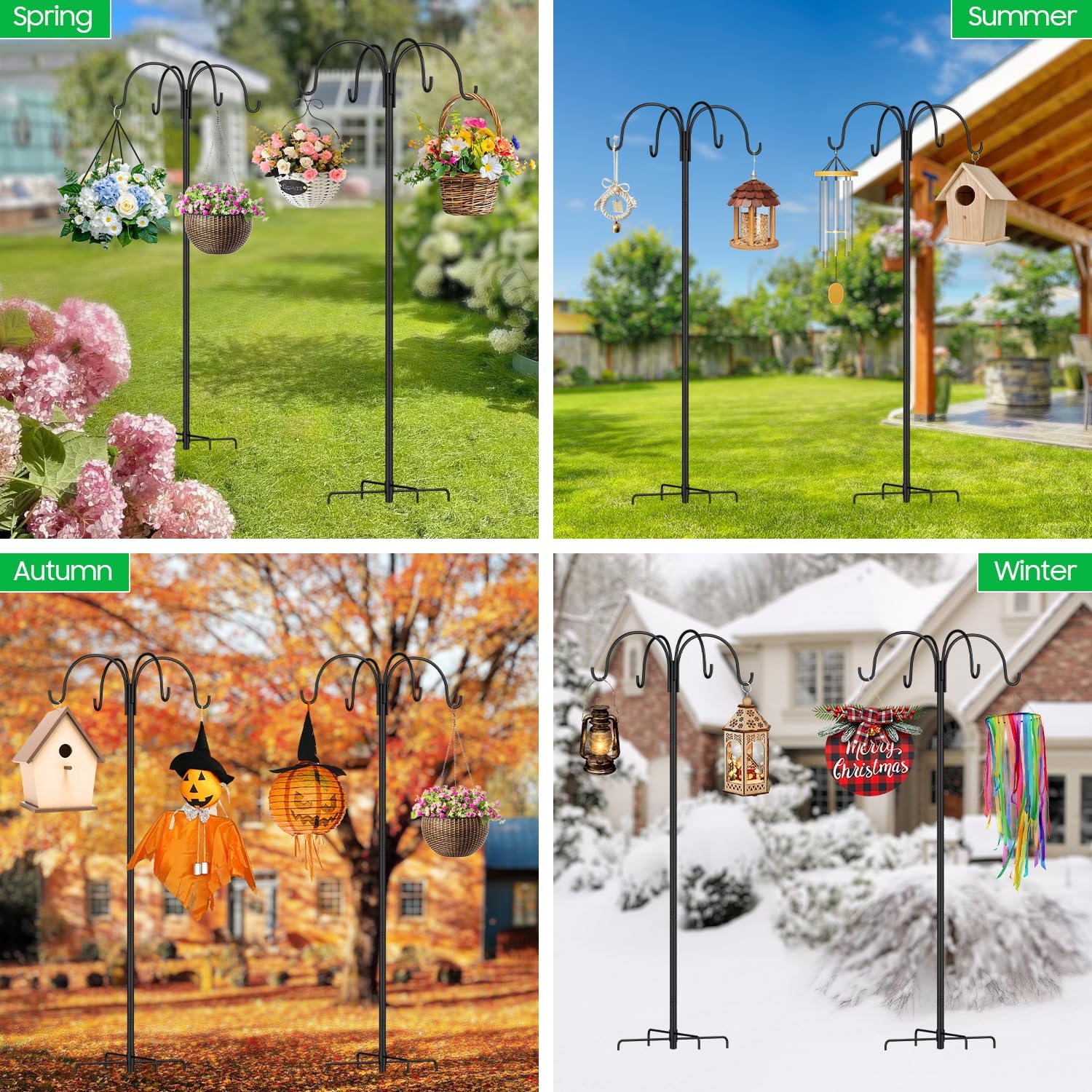 4-Hook Bird Feeder Pole,103 Inch Adjustable Shepherds Hooks,Multi Feeder Hanging Hooks with 5 Prong Base,Hummingbird Feeder Parts for Hanging Plant, Solar Lanterns, Wind Chimes