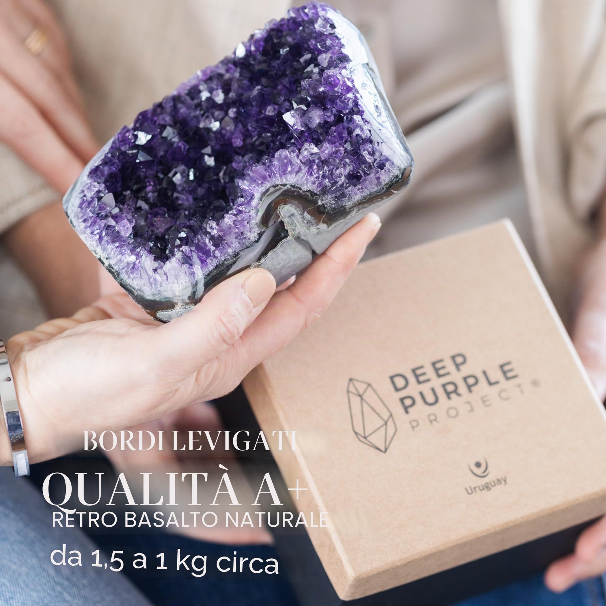 Deep Purple Project Grande geode di cristallo ametista di grado A dall'Uruguay, da 0,7 kg a 1 kg, confezione regalo di alta qualità, perfetta per collezionisti