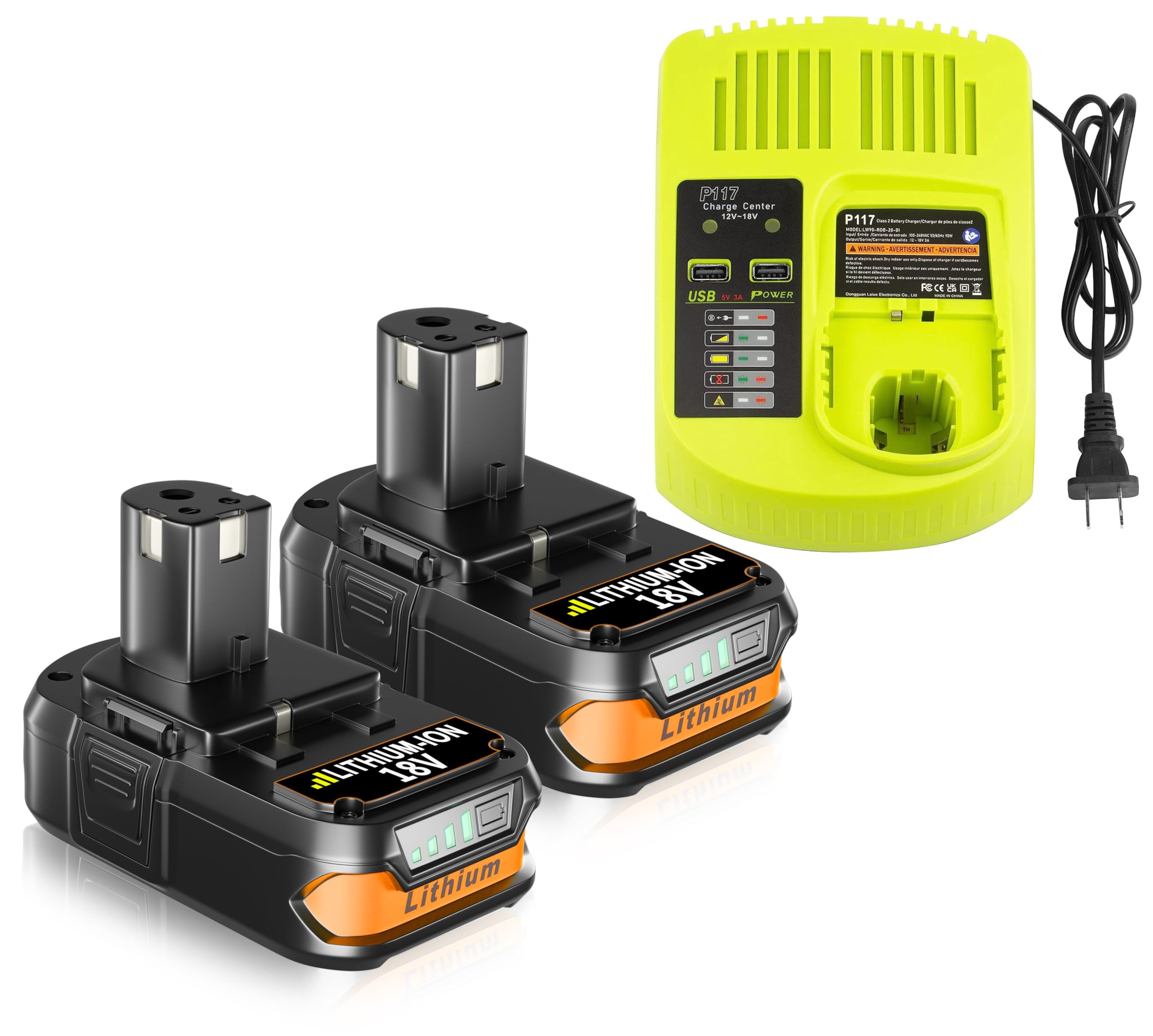 2 Baterías Recambio 18V 5.5Ah + Cargador Para Ryobi - Compatible Con Modelos P108, P107, RB18L50, Etc.