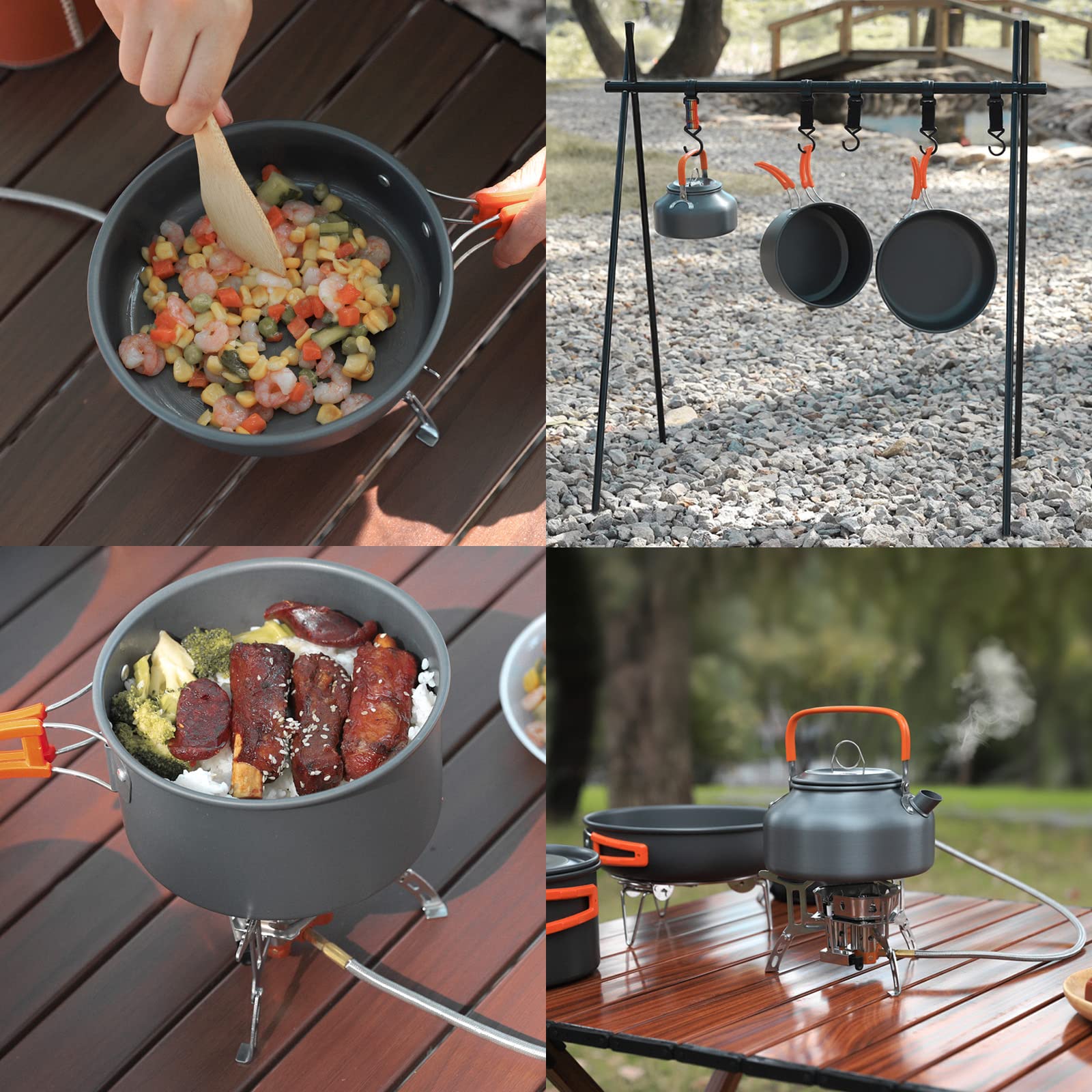 Set de Ollas Camping 2-3 Personas Kit de Utensilios de Cocina de Camping Aluminio Ollas y Sartenes para Acampar 10 PCS Cocina Portátil para Camping Senderismo Acampada al Aire Libre (Naranja)
