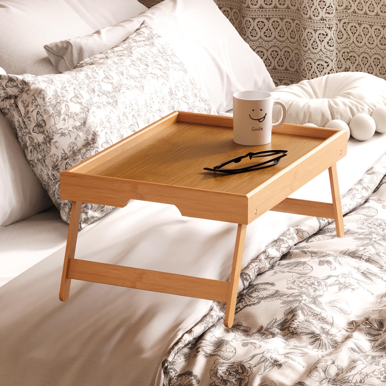 Fibogollo Lot de 2 plateaux de lit en bambou avec pieds pliants, plateaux de petit-déjeuner, plateau de service pour nourriture et collation, plateaux pour ordinateur portable pour le travail (naturel