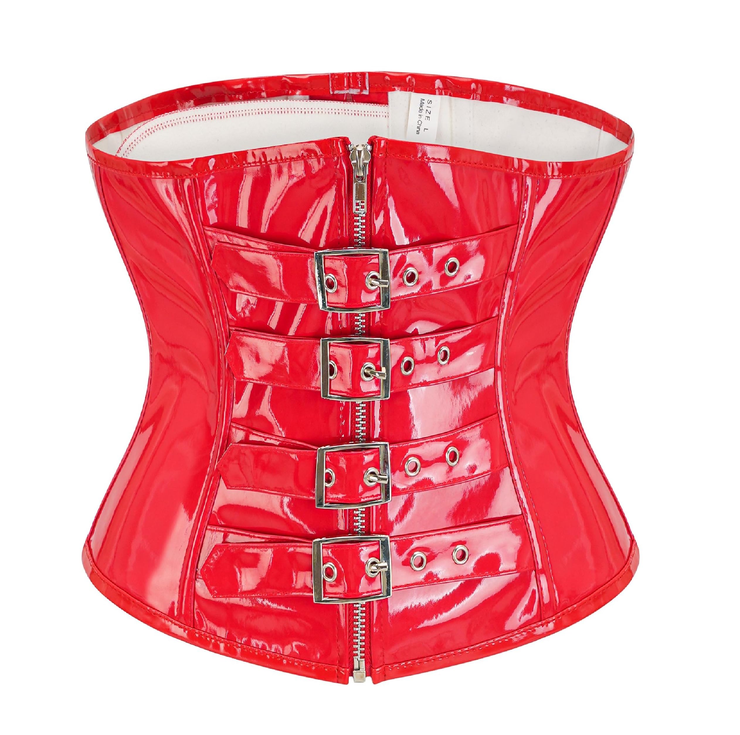 Women's Black PVC Overbust Corset, Steampunk Buckle Front Bustier, Lace-up Back Waist Trainer