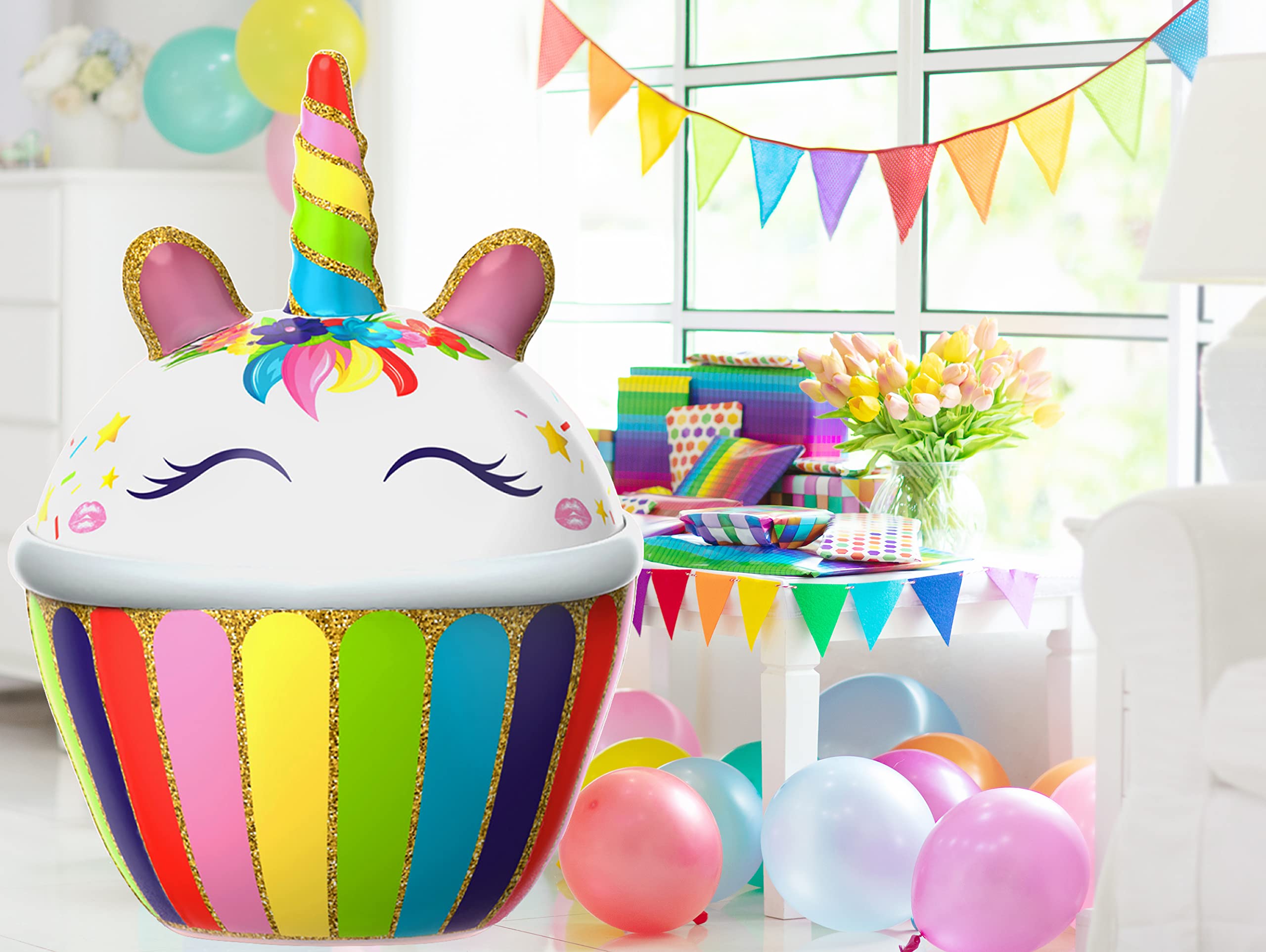 4 Foot Unicorn Inflatable Cupcake Blowup Party Decoration for Outdoor Indoor Home