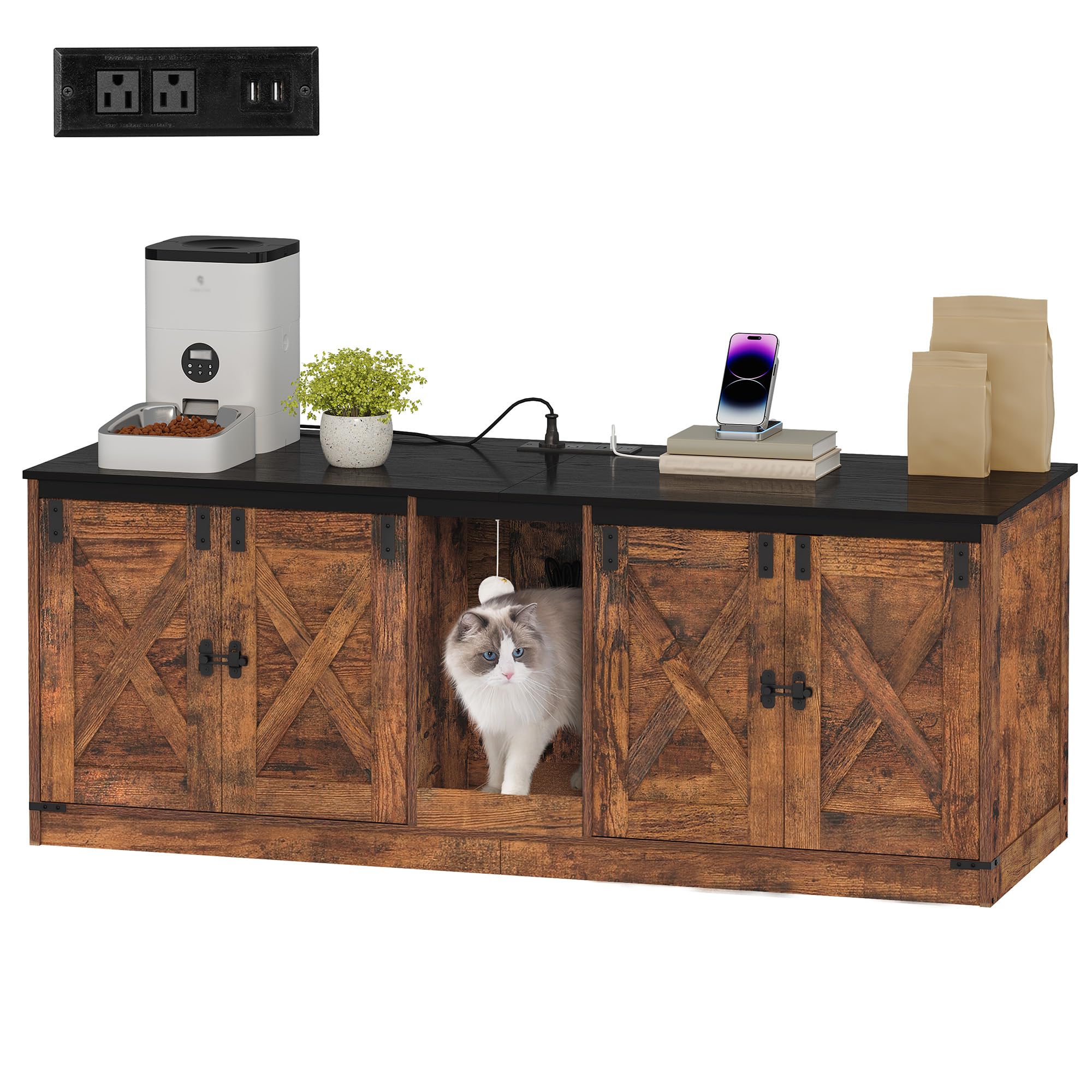 55" L Cat Litter Box Enclosure for 2 Cats, Double Hidden Litter Box Furniture with Scratch Pad, Wooden Cat Cabinet with USB Ports & Power Outlets, Farmhouse TV Stand, Rustic Brown CB82501X