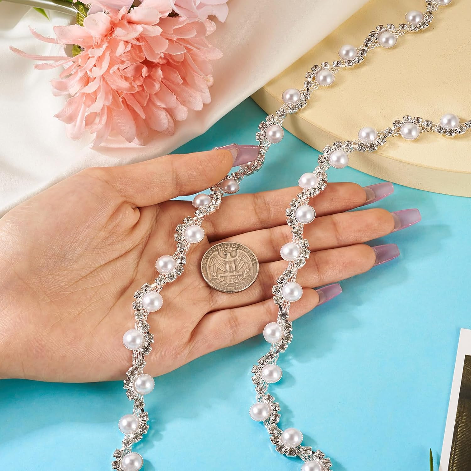 Pandahall 1 Yard Pearl Rhinestone Trim 12x6mm Imitation Pearl Beaded Trim Chain Crystal Applique Fringe Ribbon Strips for DIY Costume Wedding Party Decoration Bridal Embellishments