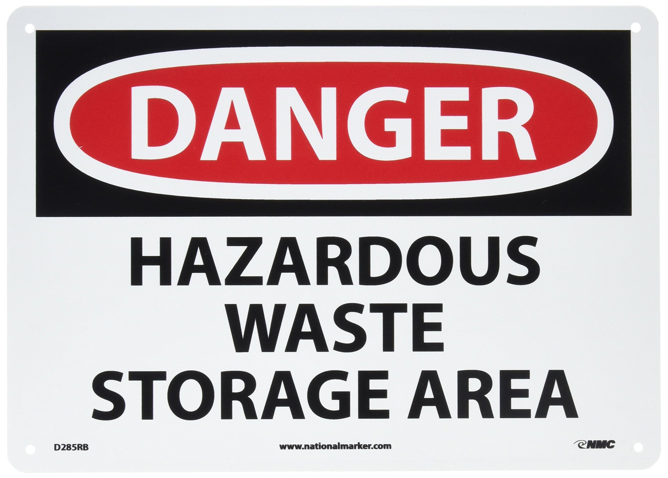NMC D285RB OSHA Sign, Legend "DANGER - HAZARDOUS WASTE STORAGE AREA", 14" Length x 10" Height, Rigid Plastic, Black/Red on White