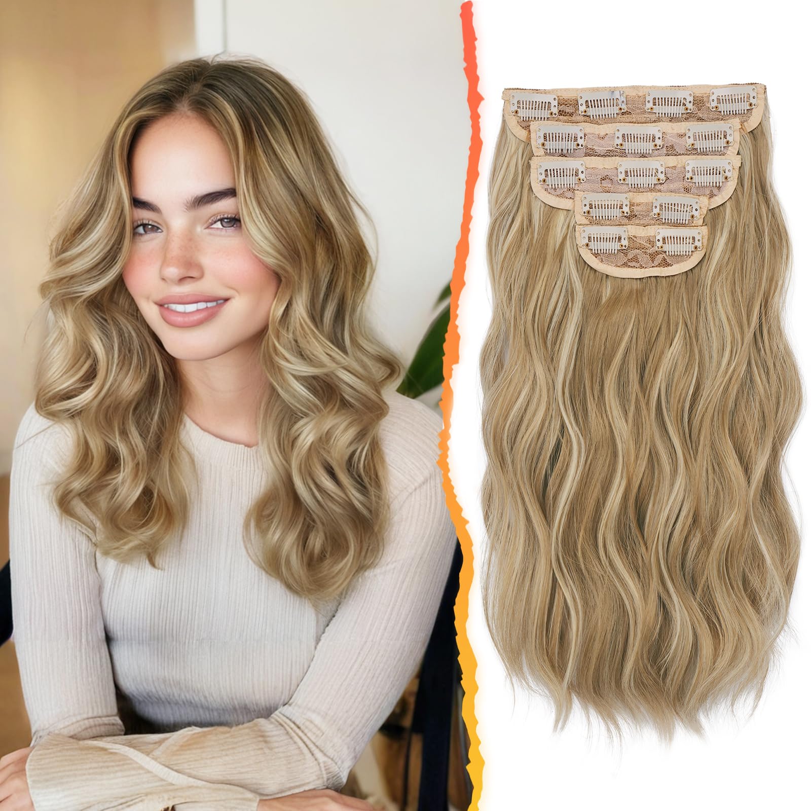 Photo 1 of BARSDAR Short Wavy Clip in Hair Extensions - 14 Inch Highlight Hair Extensions Clip ins for Women - 5PCs Thick Soft Synthetic Loose Wave Clip in Hairpieces – Golden Blonde with Highlights