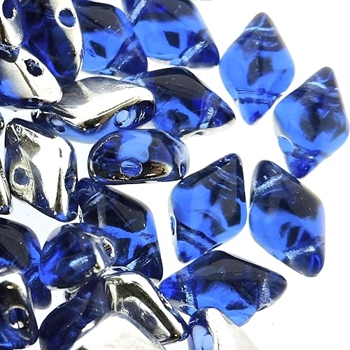 Cuentas de cristal checo GemDuo Beads, cuentas en forma de diamante de 2 agujeros de 0.197x0.315 in, 0.35 oz, zafiro retroiluminado