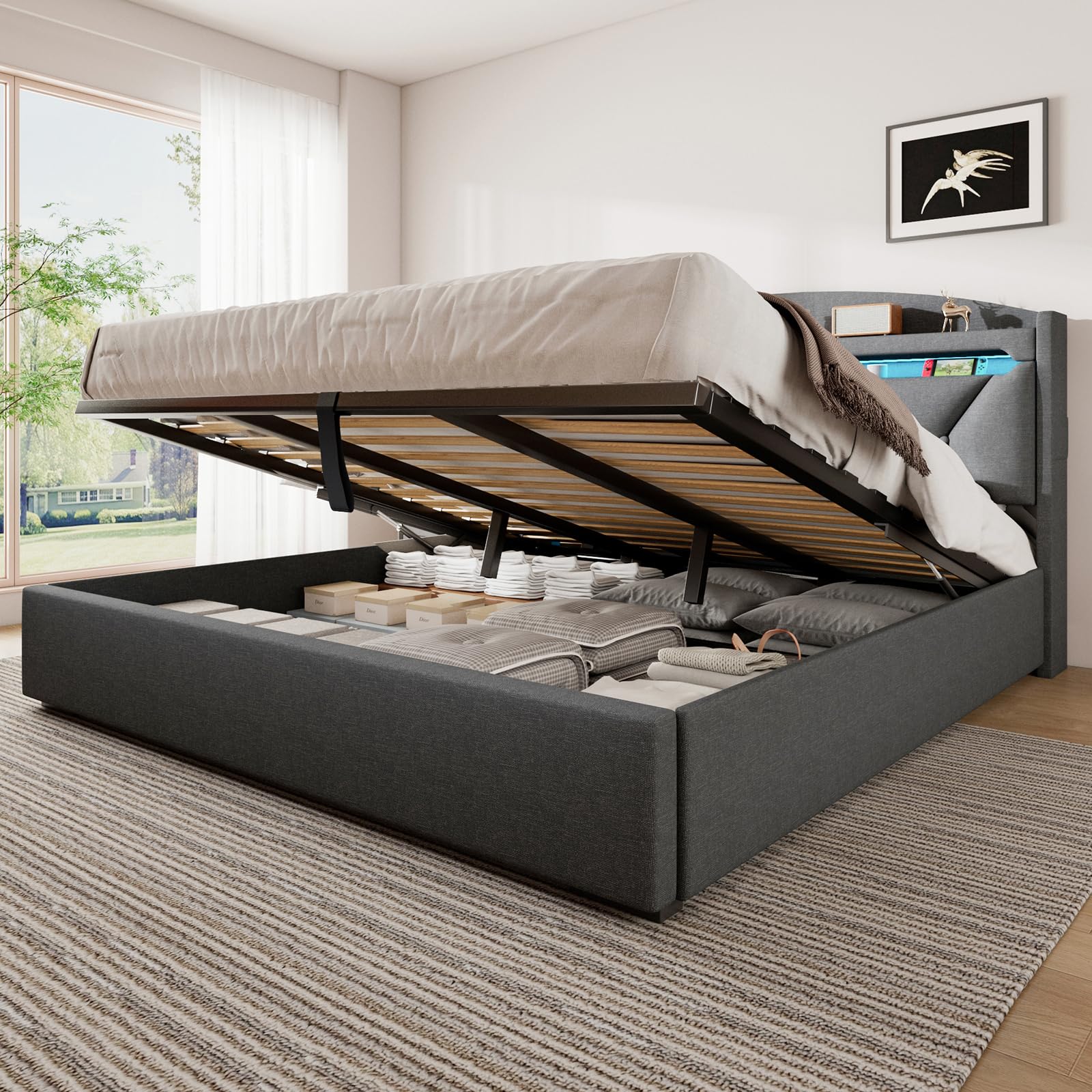 Polsterbett Doppelbett 180x200 cm mit LED, USB C, Hydraulische Bett mit Stauraum und Kopfteil, Stauraumbett Bettgestell mit Metallrahmen Bettkasten und Lattenrost, Leinen, Grau, Ohne Matratze