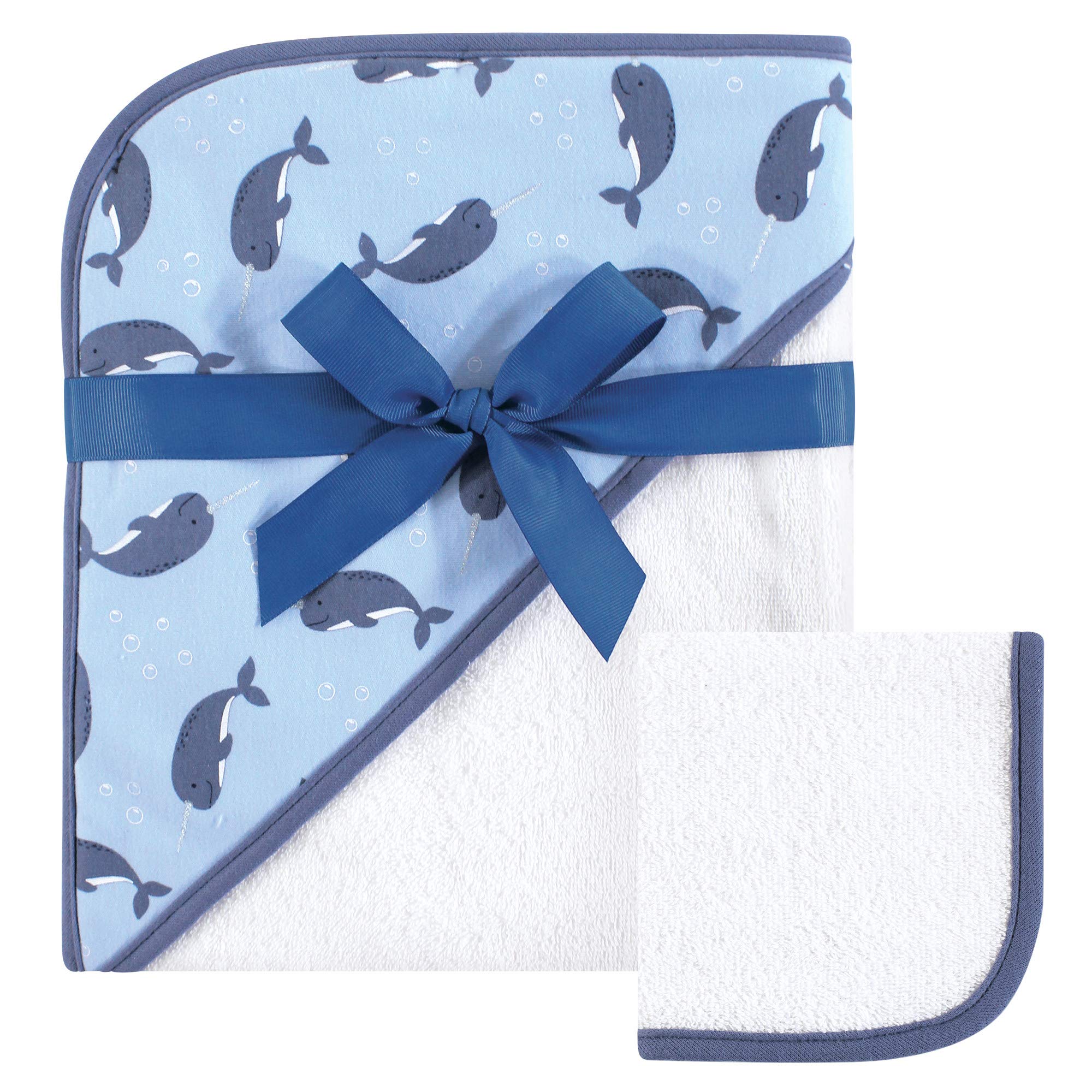 Hudson Baby Print Woven Hooded Towel and Washcloth, Narwhal, One Size