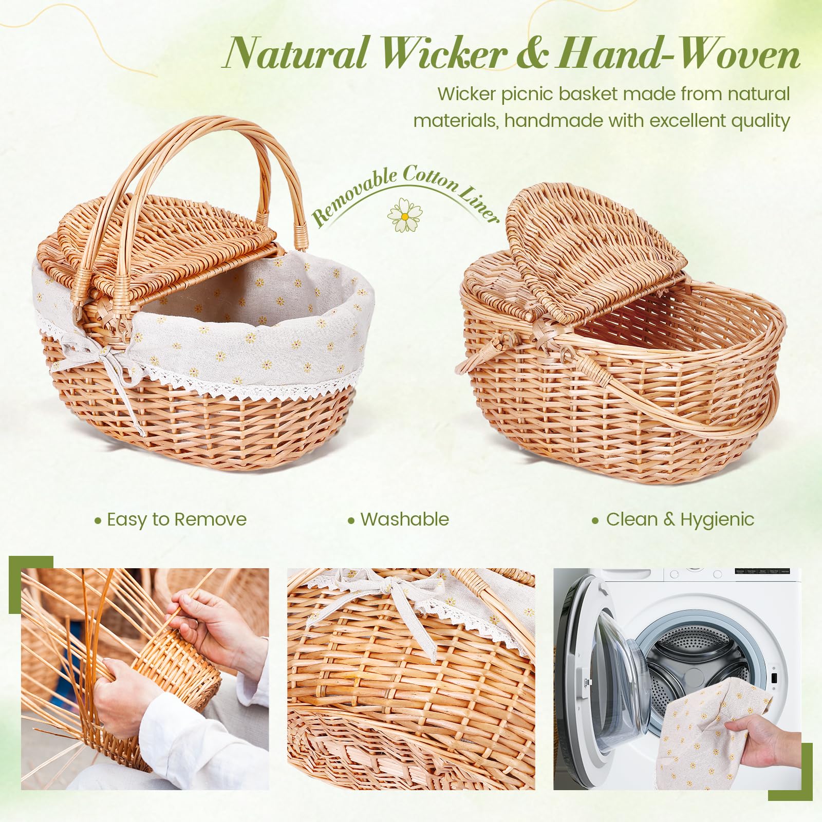 Picknickkorb,Picknickkorb 2 Personen mit Doppelt zu öffnendem Deckel und Klappbarem Griff,Picknick Korb Klein mit Herausnehmbarem Baumwollfutter für Picknicks, Camping(Gelb/40x34x19CM)