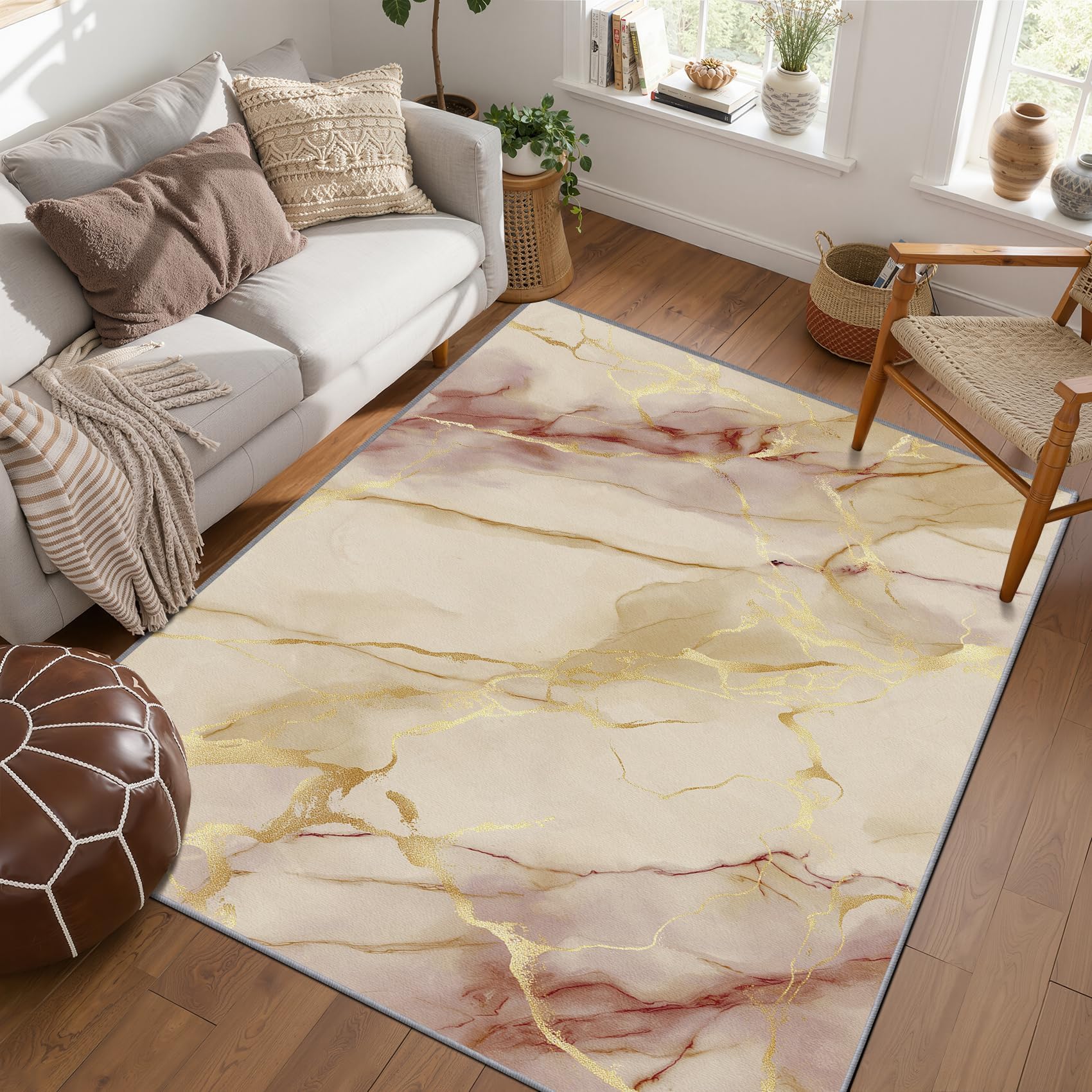 Tapis de Chambre marbre 90x180cm crème et Or Bordeaux, Tapis Salon Abstrait Moderne, Moquette de Sol Doux à Poils Courts, Lavable et antidérapant pour Cuisine, entrée et paillasson