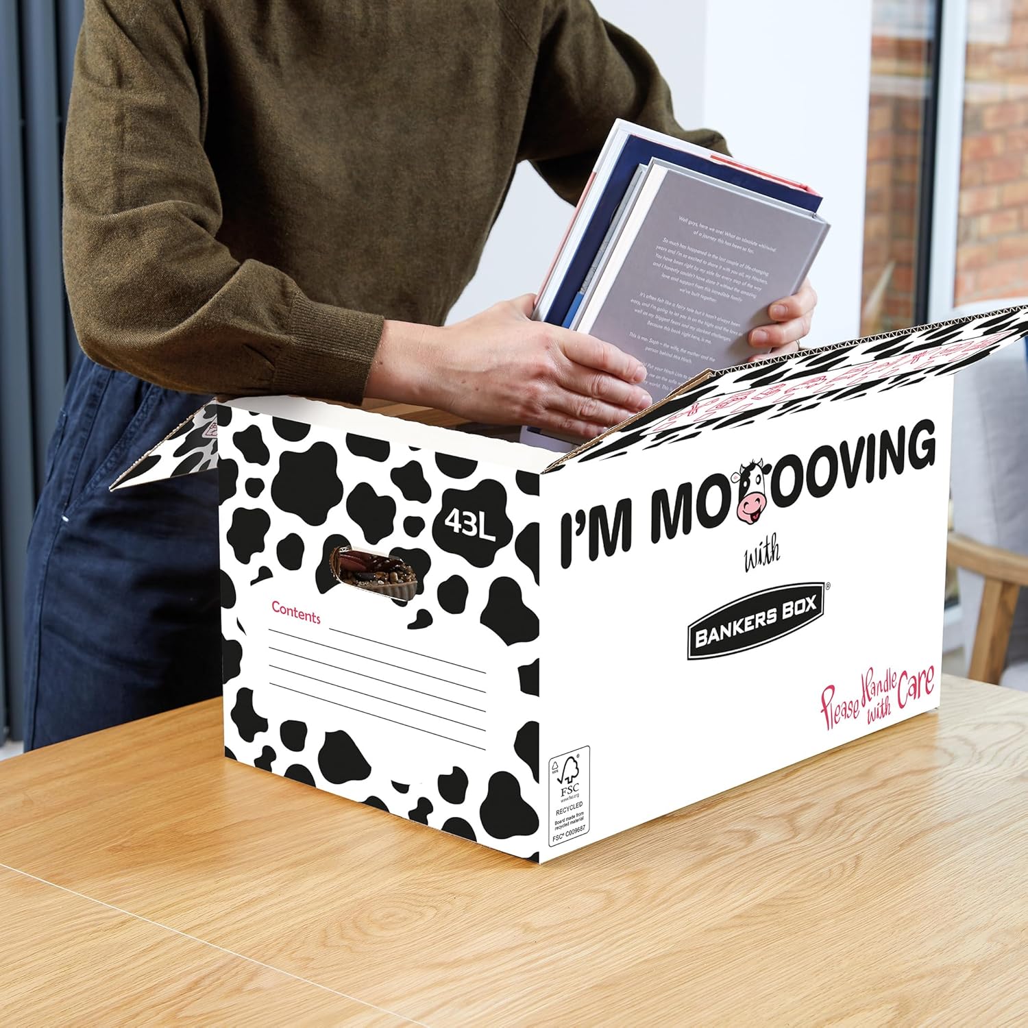 15 BANKERS BOX Strong Moving Boxes, 43L Cardboard Boxes, Packing Boxes for Moving House with Handles, 51cm × 29cm × 29cm (Pack of 15), Cow Print