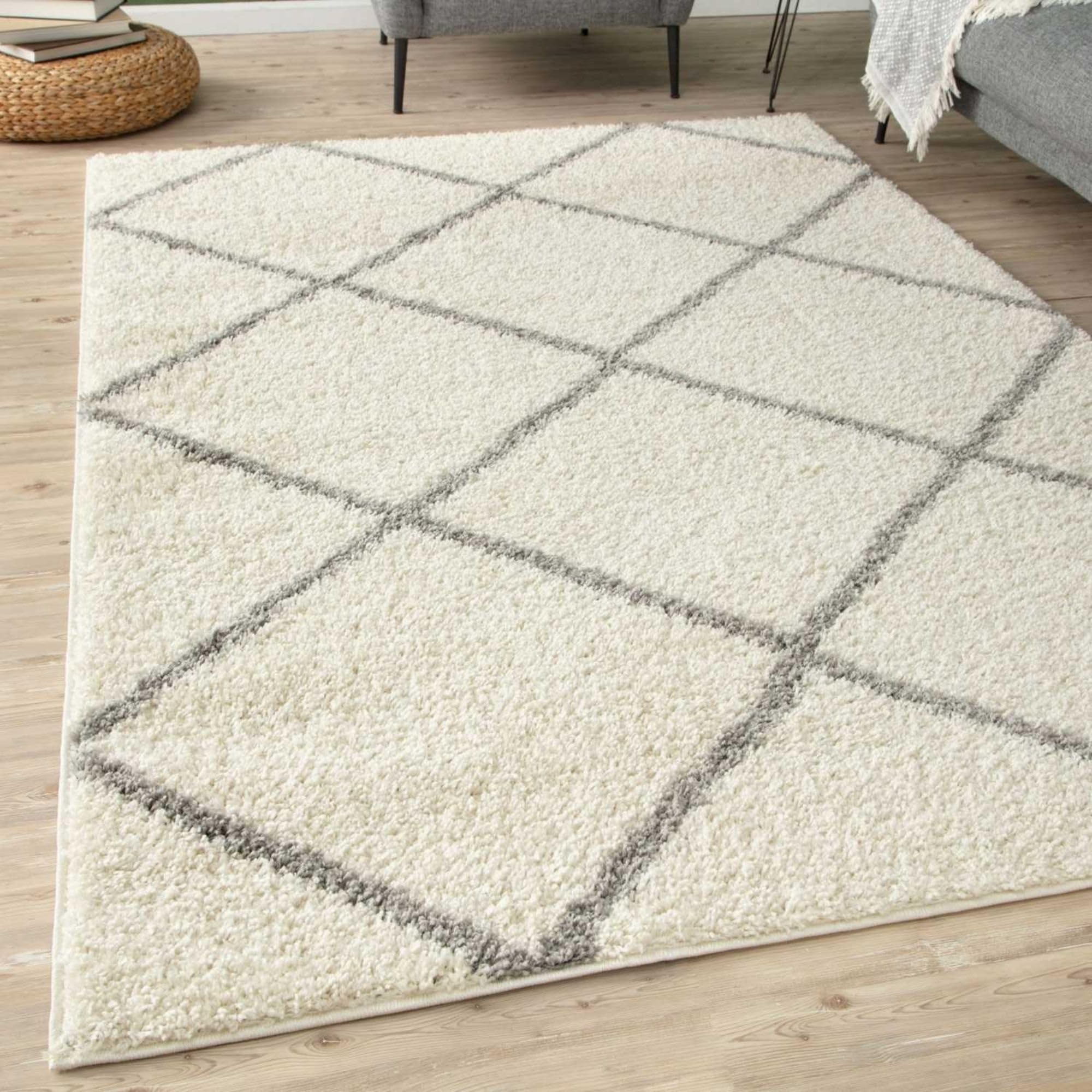 THE RUGS Shaggy Rug – Modern Moroccan Design Rugs for Living Room, Bedroom, Hallway, 30 cm Thick Area Rugs, (Diamond Ivory/Grey, 240x340cm)