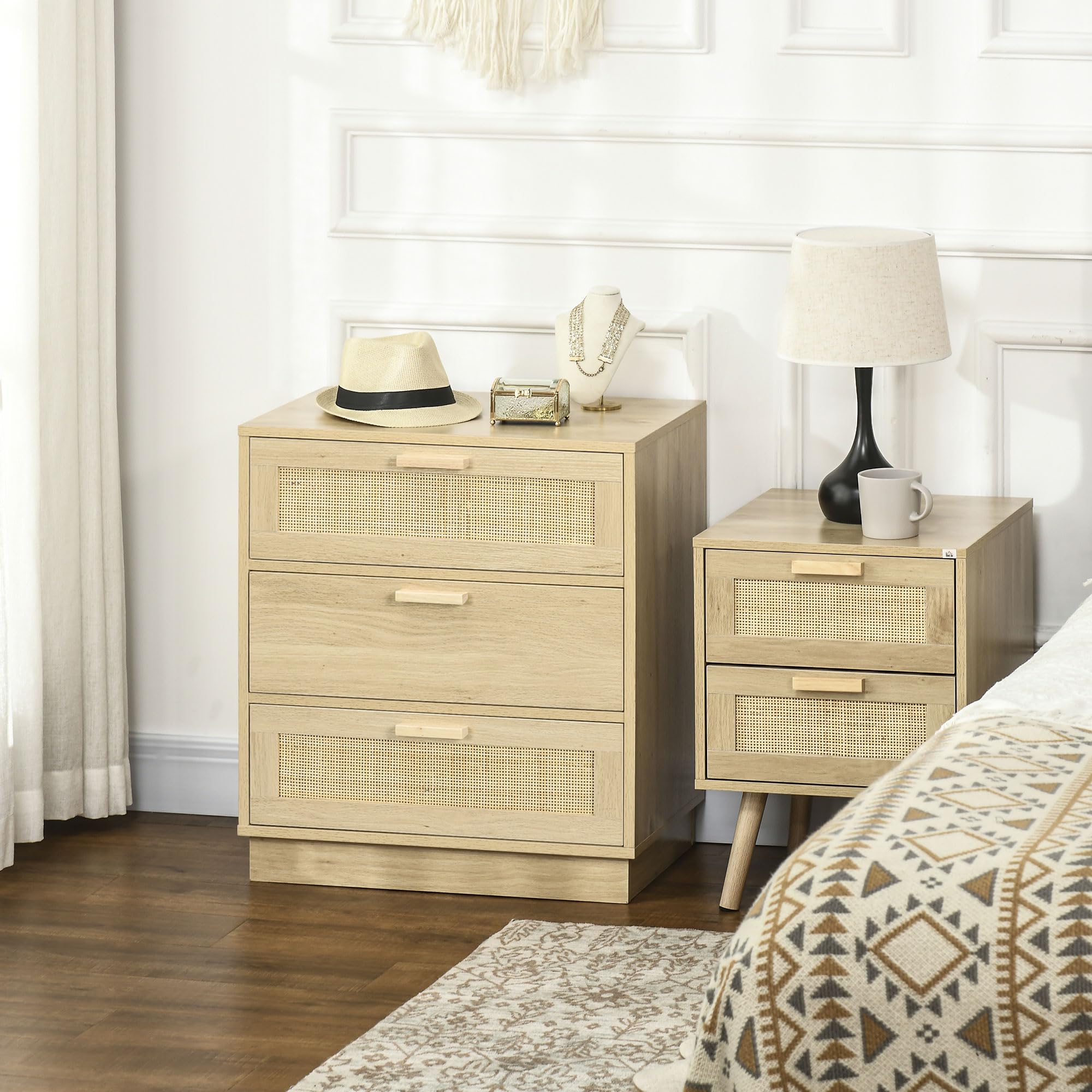 HOMCOM Cómoda de Noche con Cajones de Rejilla de Ratán Cómoda de Dormitorio Estilo Bohemio Antivuelco para Sala 60x38x69 cm Natural