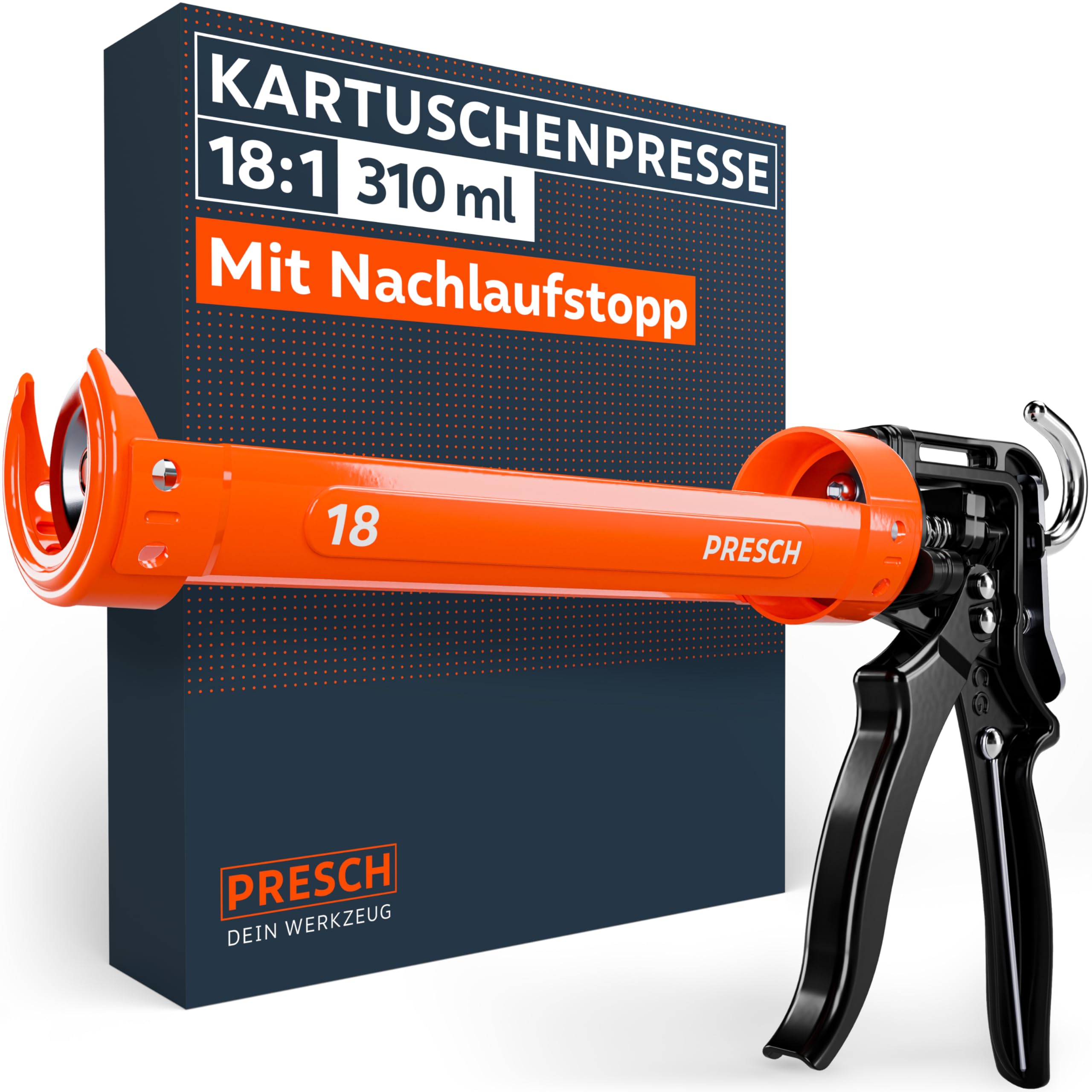 Presch Kartuschenpresse 18:1 Übersetzung & Nachlaufstopp - Silikonspritze für Kartuschen bis 310ml (Mittlere Viskosität, Montagekleber) - Kartuschenpistole 360° drehbar inkl. Einstechwerkzeug