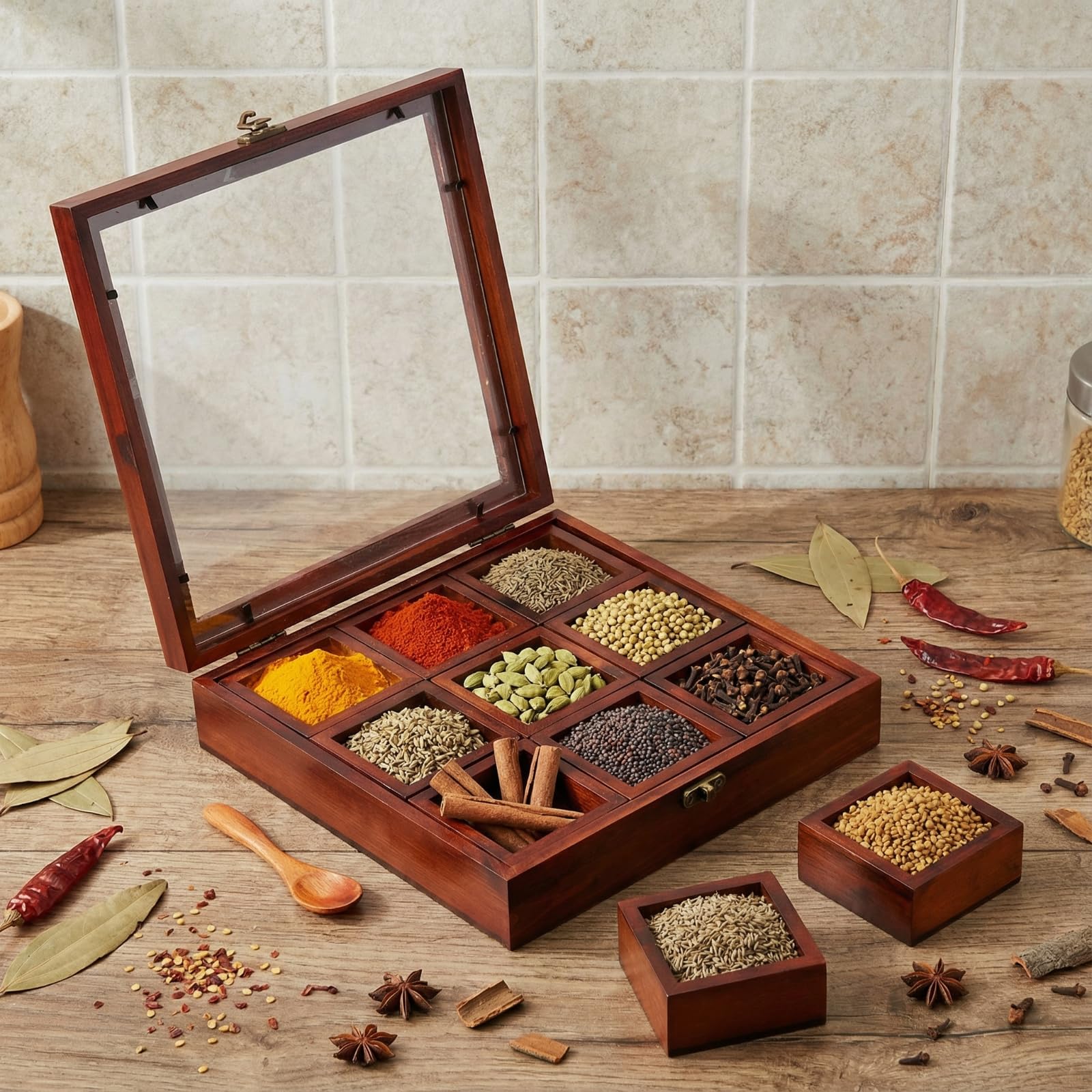 Photo 1 of AceOrbit Wooden Spice Box with Glass Lid