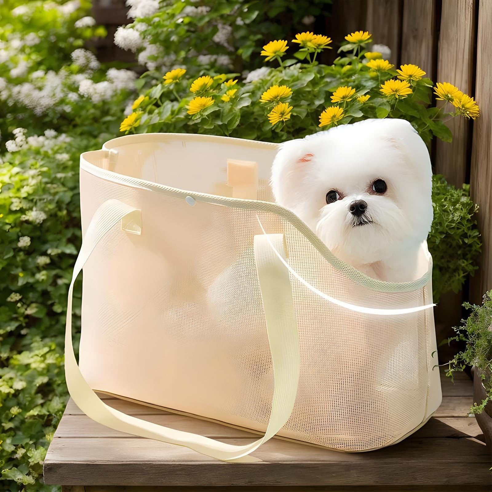 Hundetasche für Kleine Hunde Katze, Sommer Atmungsaktiv Netz Strand Tasche Hund Haustiere Carrier Soft Sided Zusammenklappbar Outdoor Travel Puppy (Gelb, L)