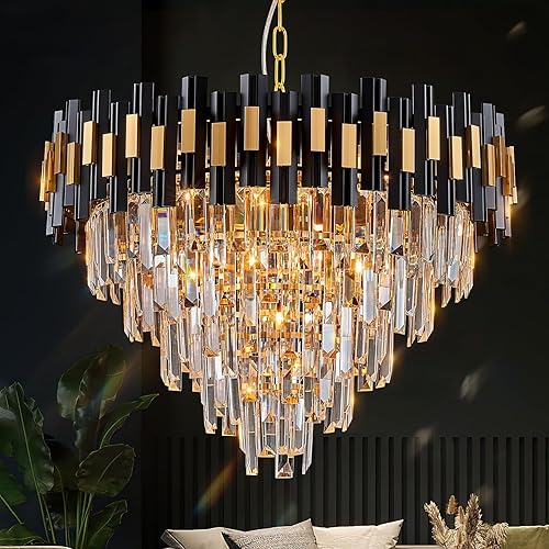 CATINER Candelabros grandes de cristal negros y dorados para vestíbulo, lámpara redonda moderna de 24 pulgadas, lámpara colgante de techo de lujo, 5