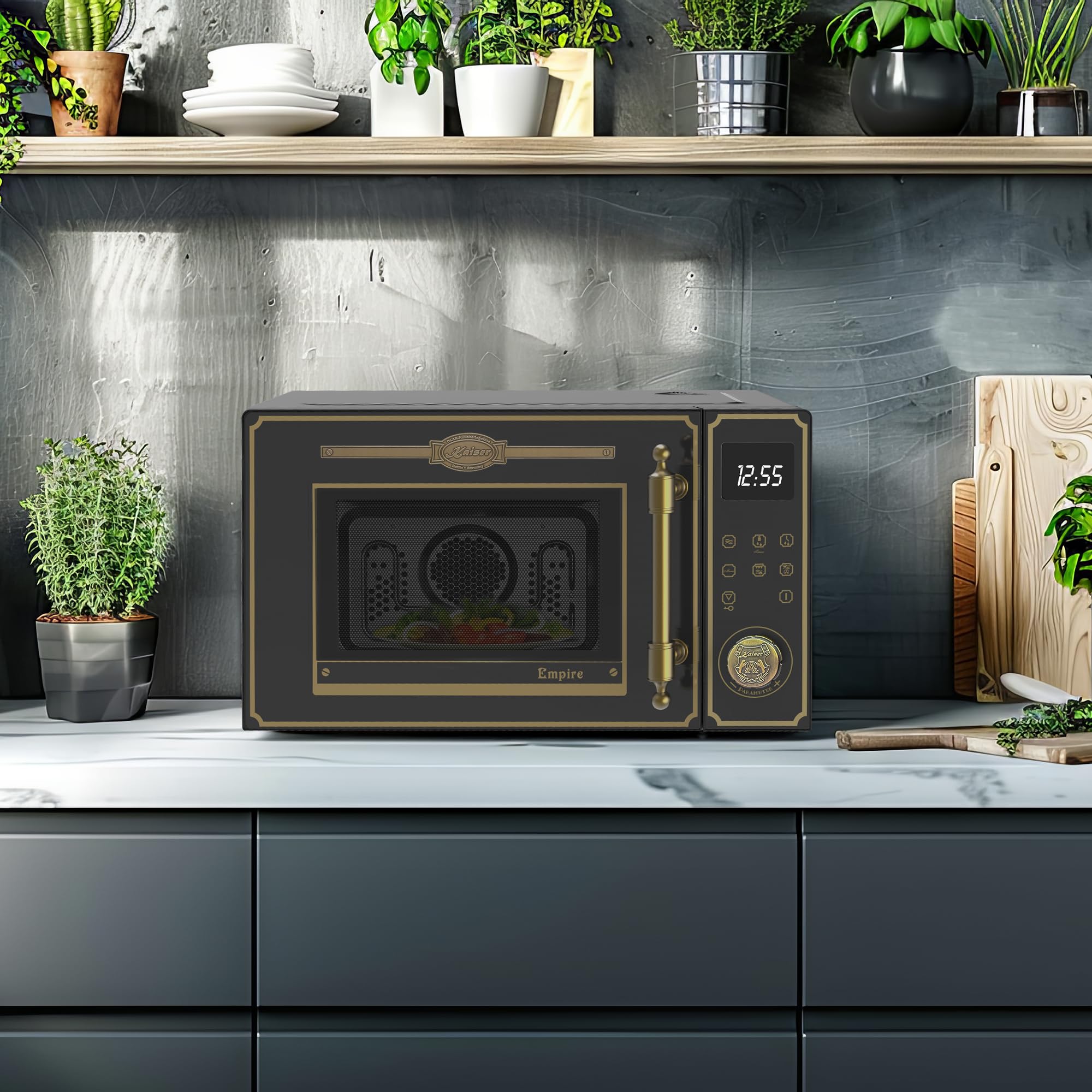 Kaiser Empire M 2530 Four micro-ondes rétro noir 25 l 1200 W barbecue 2200 W chaleur tournant FullTouch verre métal