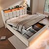 6ft Super King Size Upholstered Bed Frame with Hydraulic Lift&LED Storage Headboard, Functional Ottoman Bed with LED Lighting&USB Charging Function, Linen Gas Lift Bed with Slat, No Mattress,Beige