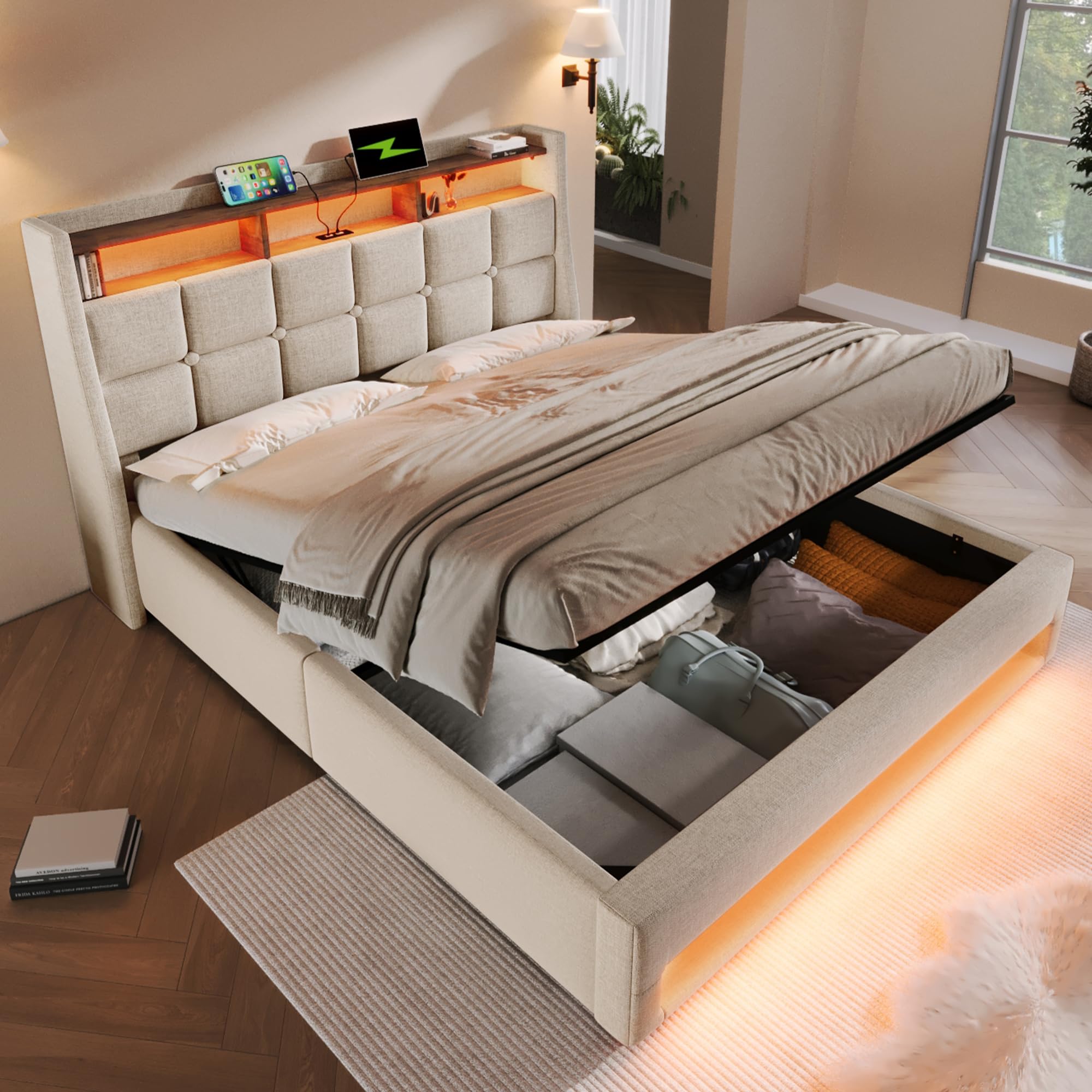 4ft6 Double Bed Frame with Hydraulic Lift & LED Storage Headboard, Linen Functional Upholstered Ottoman Bed with LED Lighting & Charging Station, Gas Lift Beds with Storage & Slats, Beige,No Mattress โ image 1