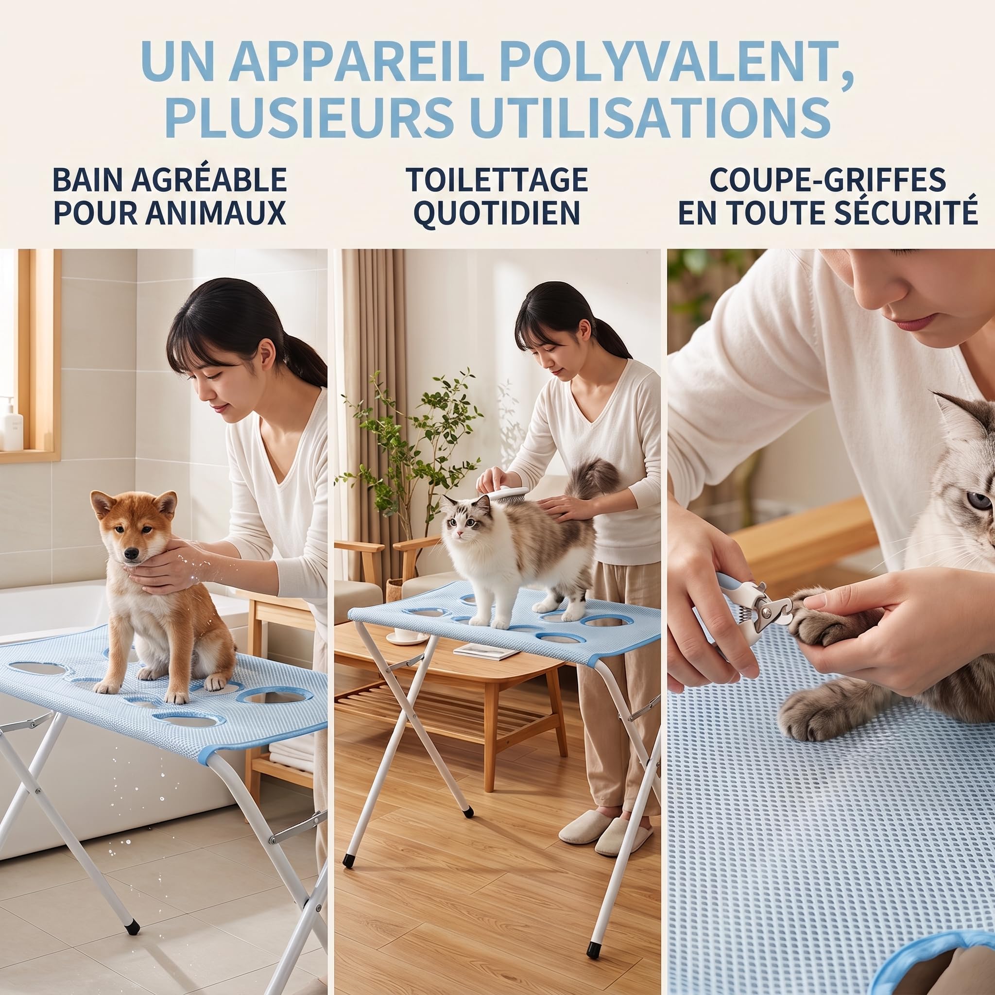 Table de Toilettage pour Chiens et Chats, Table de Soin Pliante pour Petits Animaux avec Tissu Mesh Respirant, 8 Ouvertures pour Les Pattes, Structure en Acier, Jusqu'à 10 kg(Bleu)