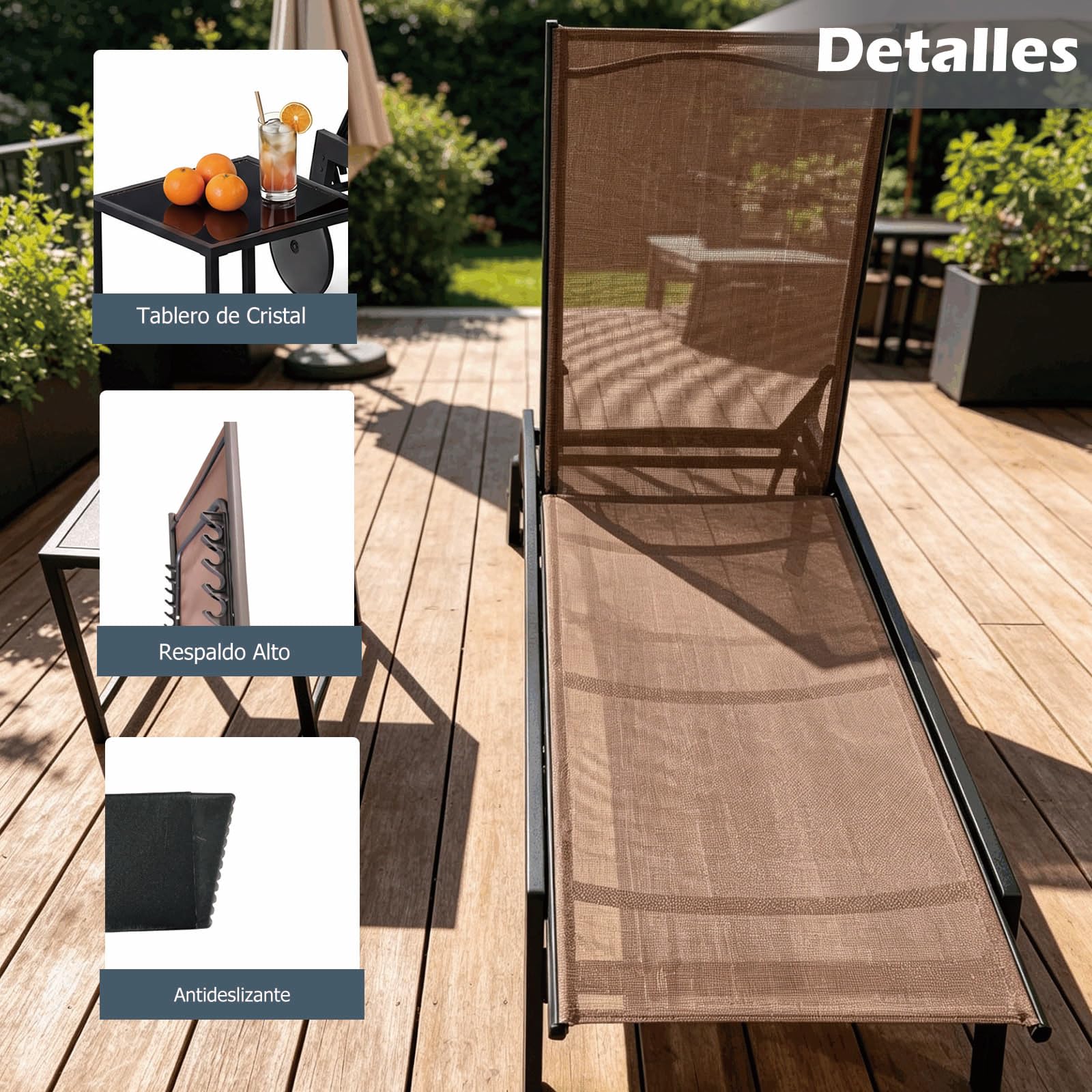 GOPLUS Tumbona Jardin Exterior con Mesa Auxiliar de Cristal, Conjunto de Sillas Exterior Apliables Reclinables en 6 Posiciones y 2 Ruedas Incorporadas, Malla Transpirable, Carga 150kg (Gris + Negro)