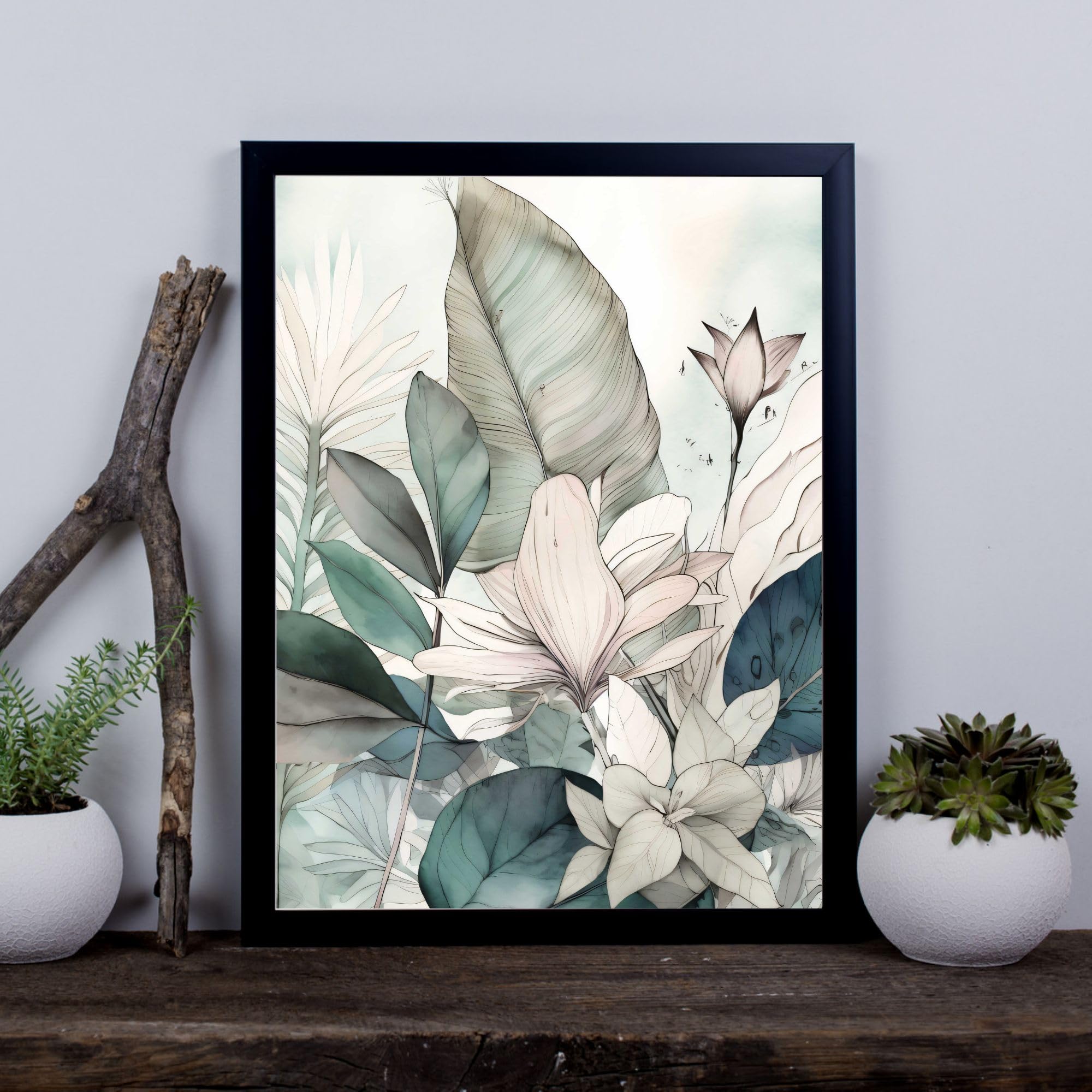 Spiffing Prints Whispering Botanicals No.4 – Impression botanique avec feuilles vertes et fleurs blush – Grand format – Encadré