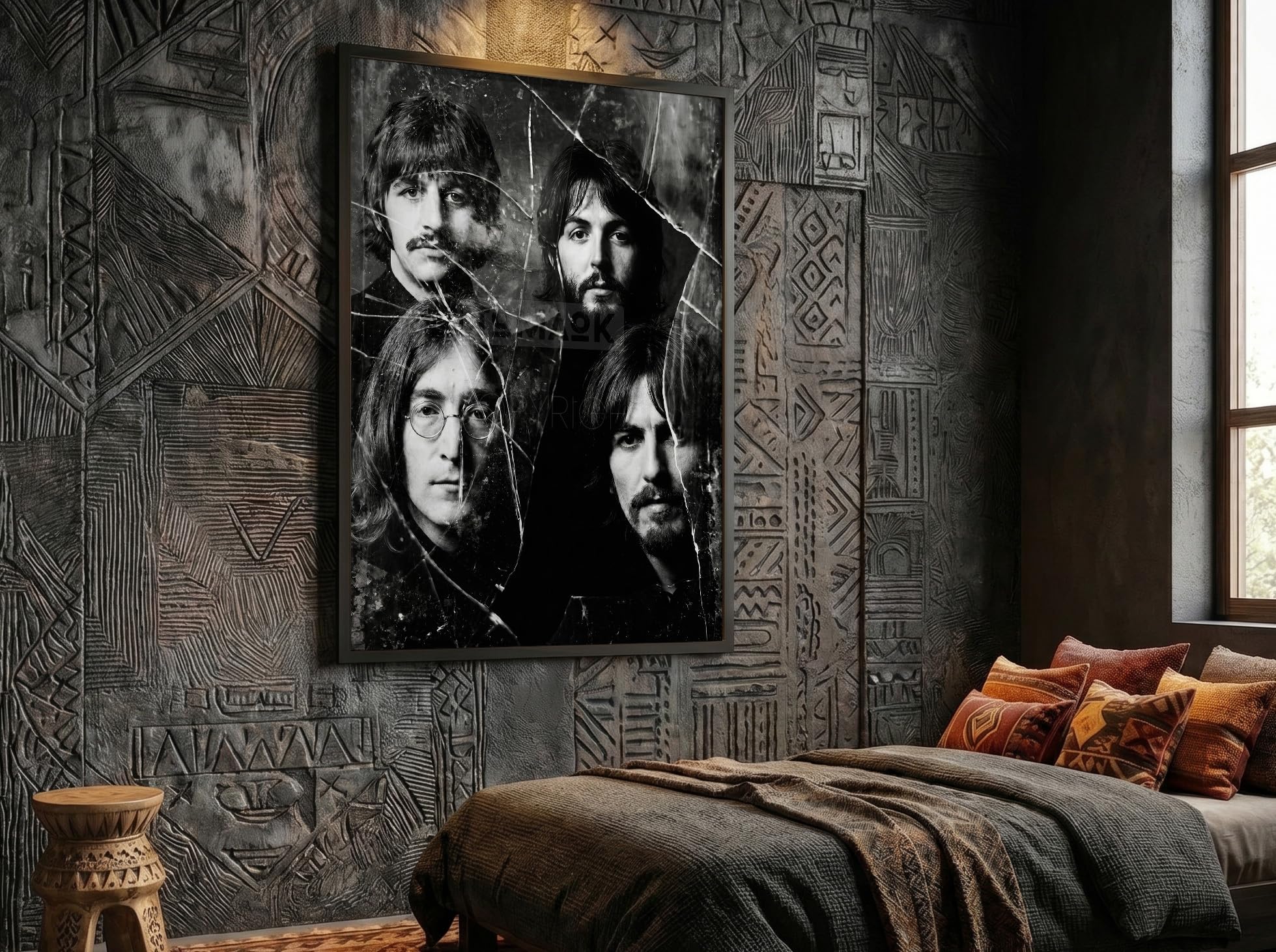 Tomaok® - Poster Stampa poster d'arte (cornice non fornita) Gruppo musica pop rock Les Beatles in composizione bianco e nero, ritratto specchio rotto, decorazione art murale