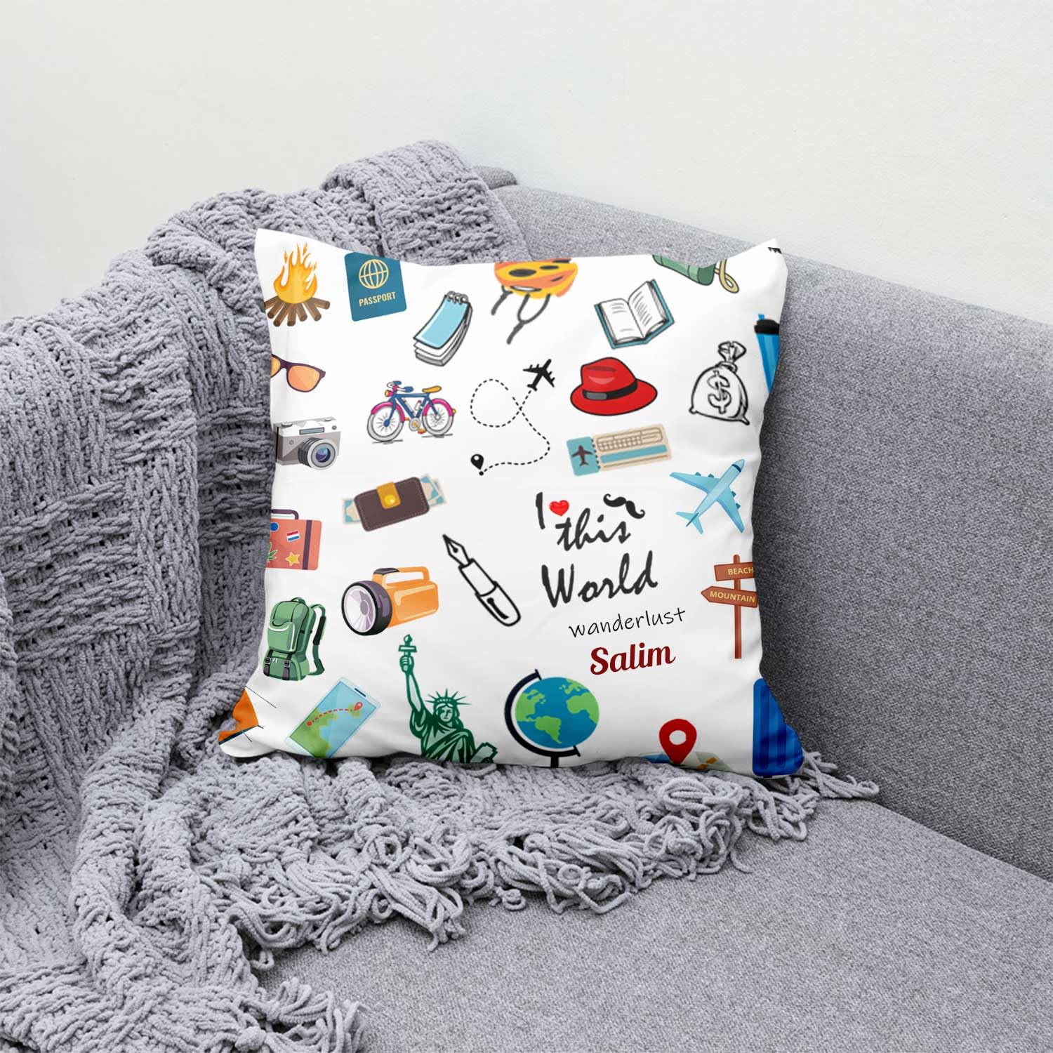 ARTBUG I Love This World Wanderlust Salim Name Printed Cushion/Pillow with Fiber Filler - Happy Birthday Return Gifts for Kids, Friends, Size - 12 x 12 inches