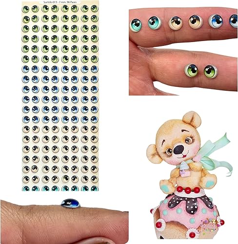 Miniatura 1 de Adhesivo de resina 3D u ojos autoadhesivos para todo tipo de materiales, manualidades, decoración, 96 pares en azul, verde, marrón y turquesa, 0.276