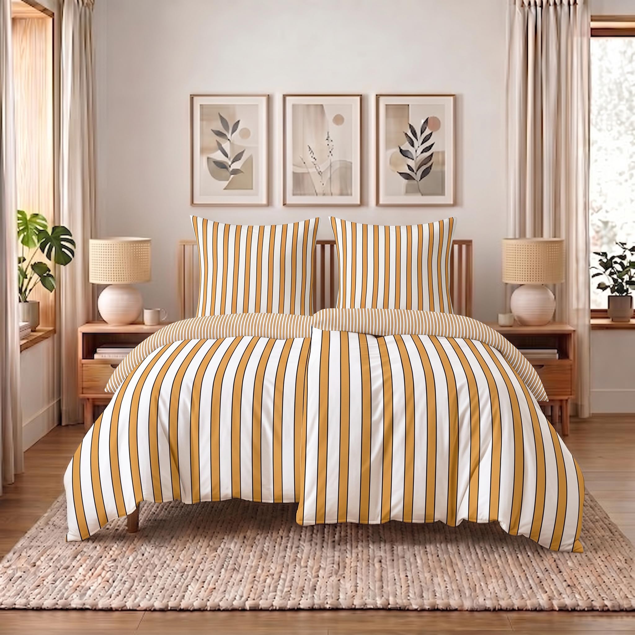 Buymax Wende Bettwäsche 135x200 cm 4-teilig, Polycotton Streifen Orange
