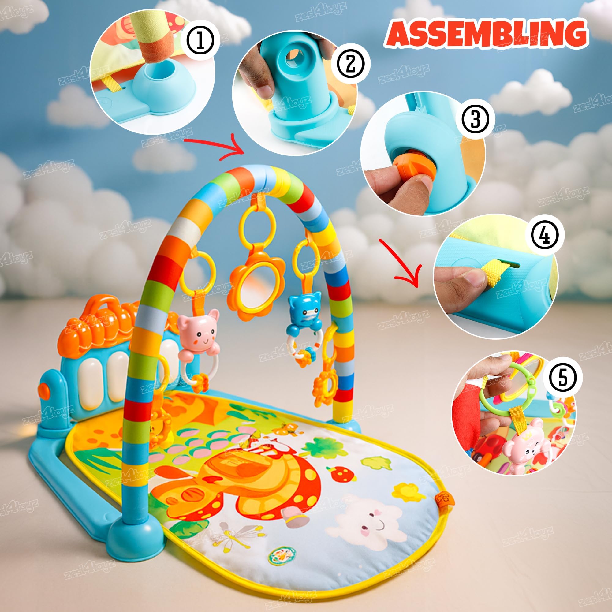 Zest 4 Toyz Baby Play Mat for Babies (1 Year Warranty) Play Gym Floor Mat for Kids with Hanging Rattles Lights & Musical Keyboard Kick and Play Bed | Piano Gifts for New Born Baby - Made in India 3