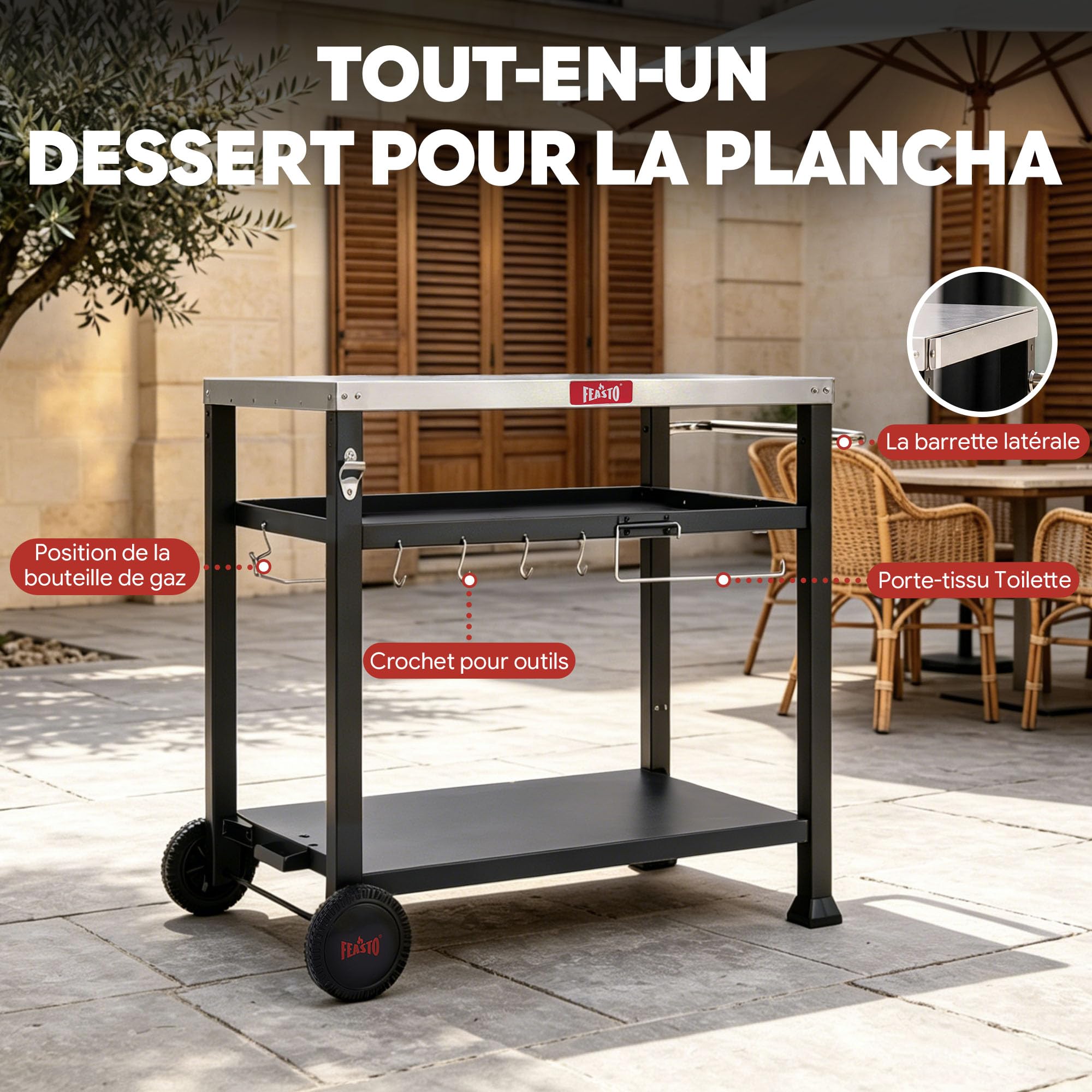 Feasto 3-Étagère Chariot de Barbecue, Desserte pour Plancha en Acier INOX, 4 Crochets et Porte-Serviettes en Papier, Idéal pour Jardin et Terrasse, 95 x 64 x 84 cm