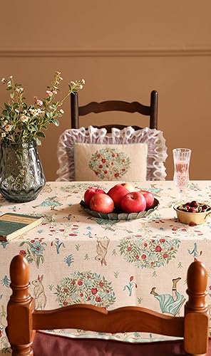 Miniatura 7 de patdrea - Mantel de diseñador beige para mesas rectangulares, mantel elegante y vintage de lino francés con patrón de niños y árboles, rústico y